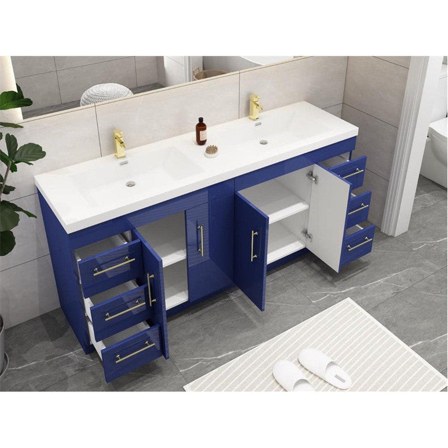 Elara 72&quot; High Gloss Night Blue Freestanding Vanity With Double Reinforced White Acrylic Sinks