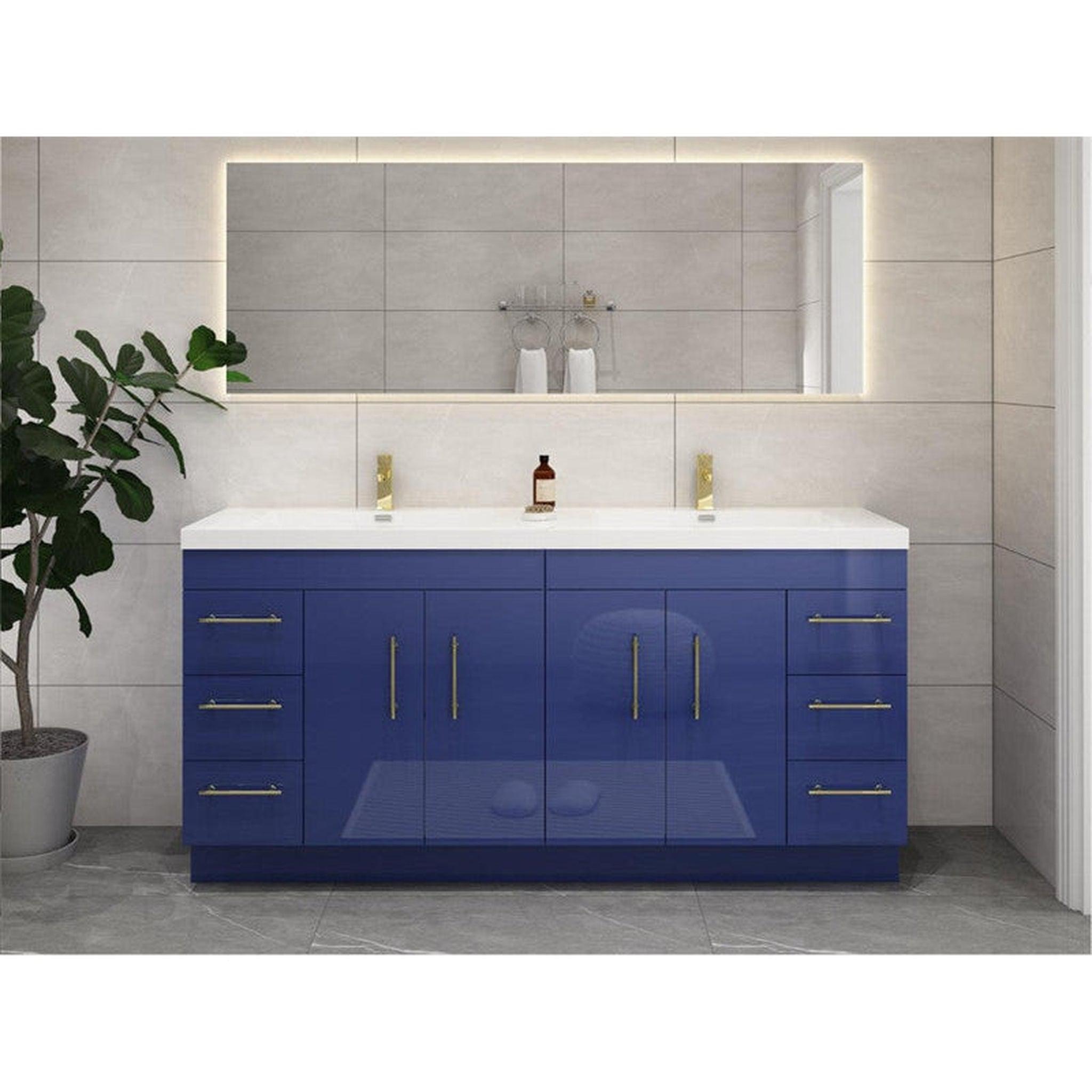 Elara 72&quot; High Gloss Night Blue Freestanding Vanity With Double Reinforced White Acrylic Sinks