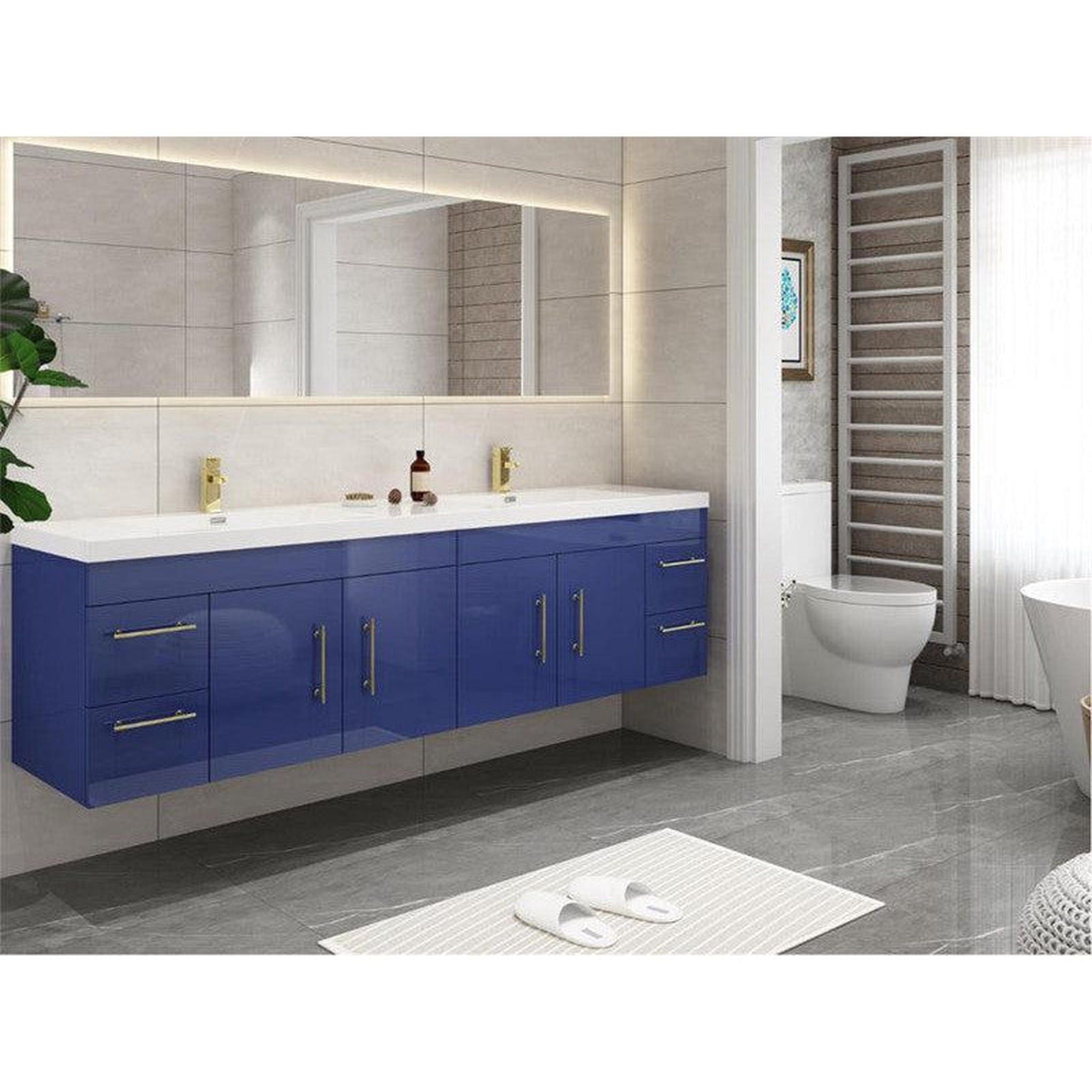 Elara 72&quot; High Gloss Night Blue Wall-Mounted Vanity With Double Reinforced White Acrylic Sinks