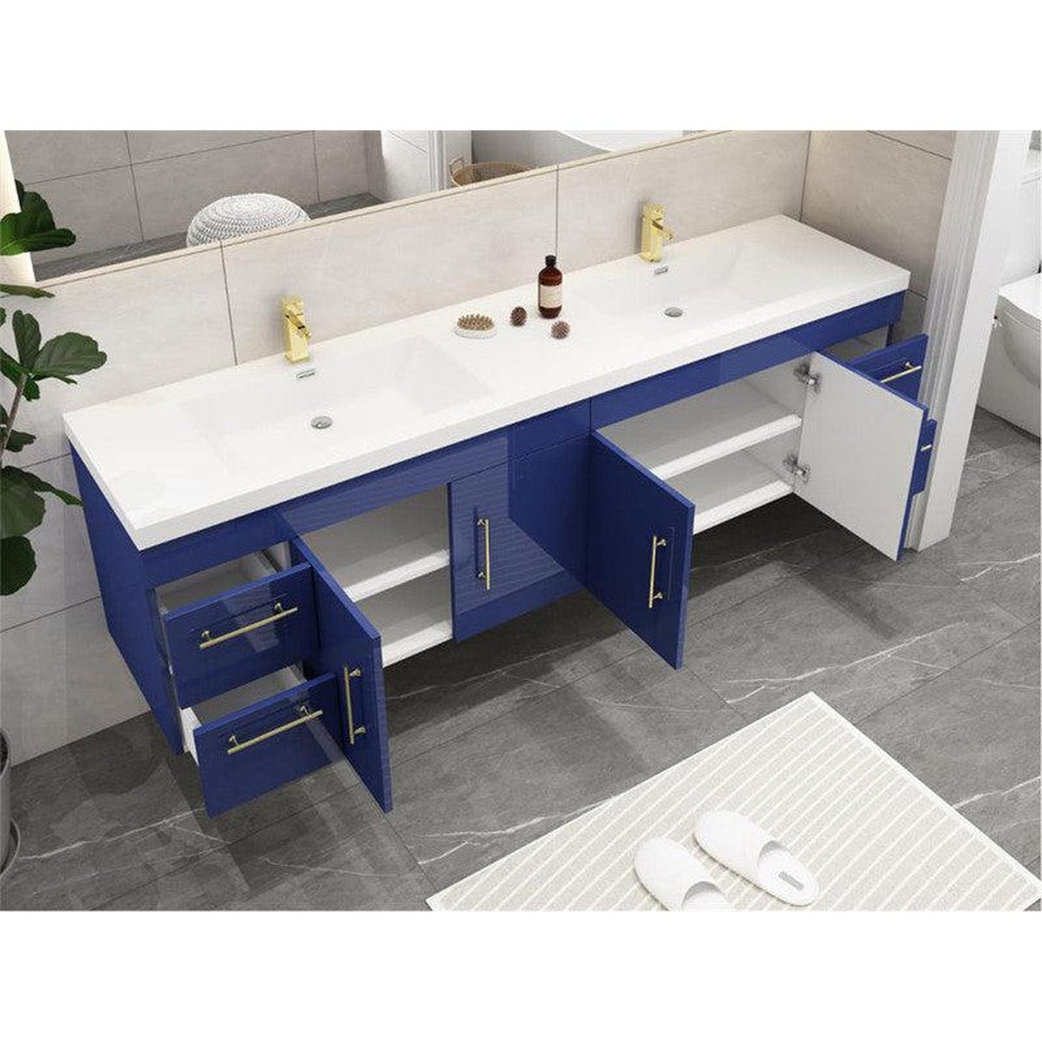 Elara 72&quot; High Gloss Night Blue Wall-Mounted Vanity With Double Reinforced White Acrylic Sinks