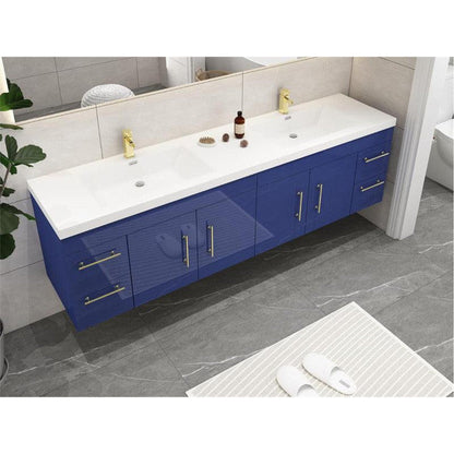 Elara 72&quot; High Gloss Night Blue Wall-Mounted Vanity With Double Reinforced White Acrylic Sinks