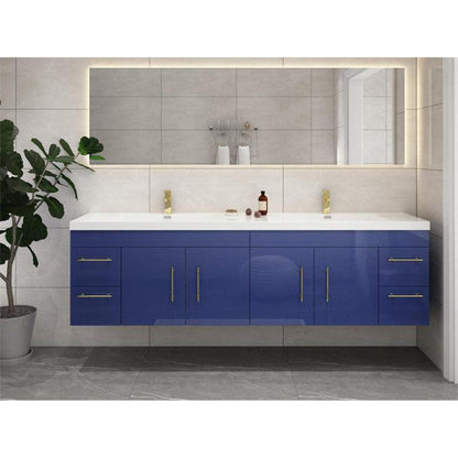 Elara 72&quot; High Gloss Night Blue Wall-Mounted Vanity With Double Reinforced White Acrylic Sinks