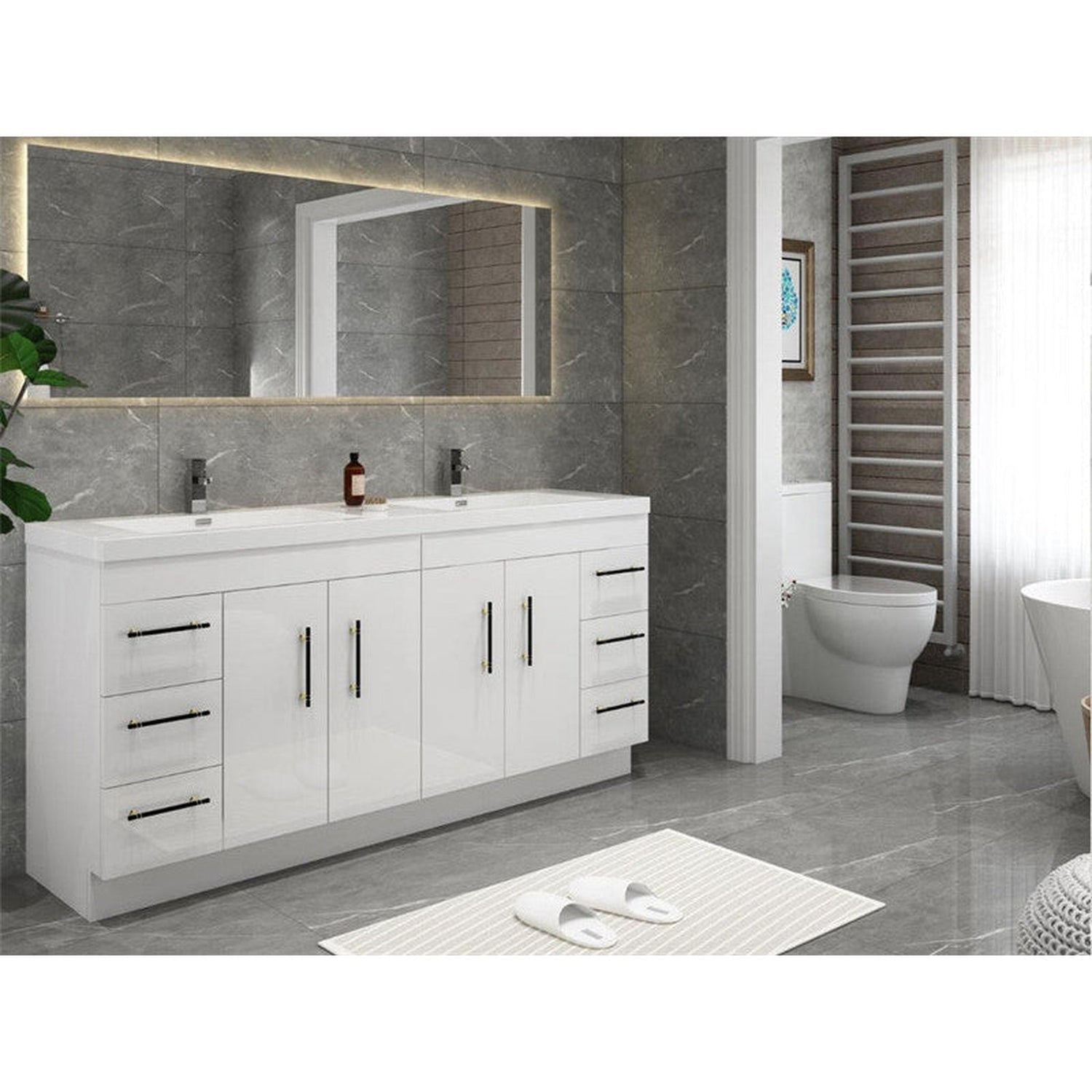 Elara 72&quot; High Gloss White Freestanding Vanity With Double Reinforced White Acrylic Sinks