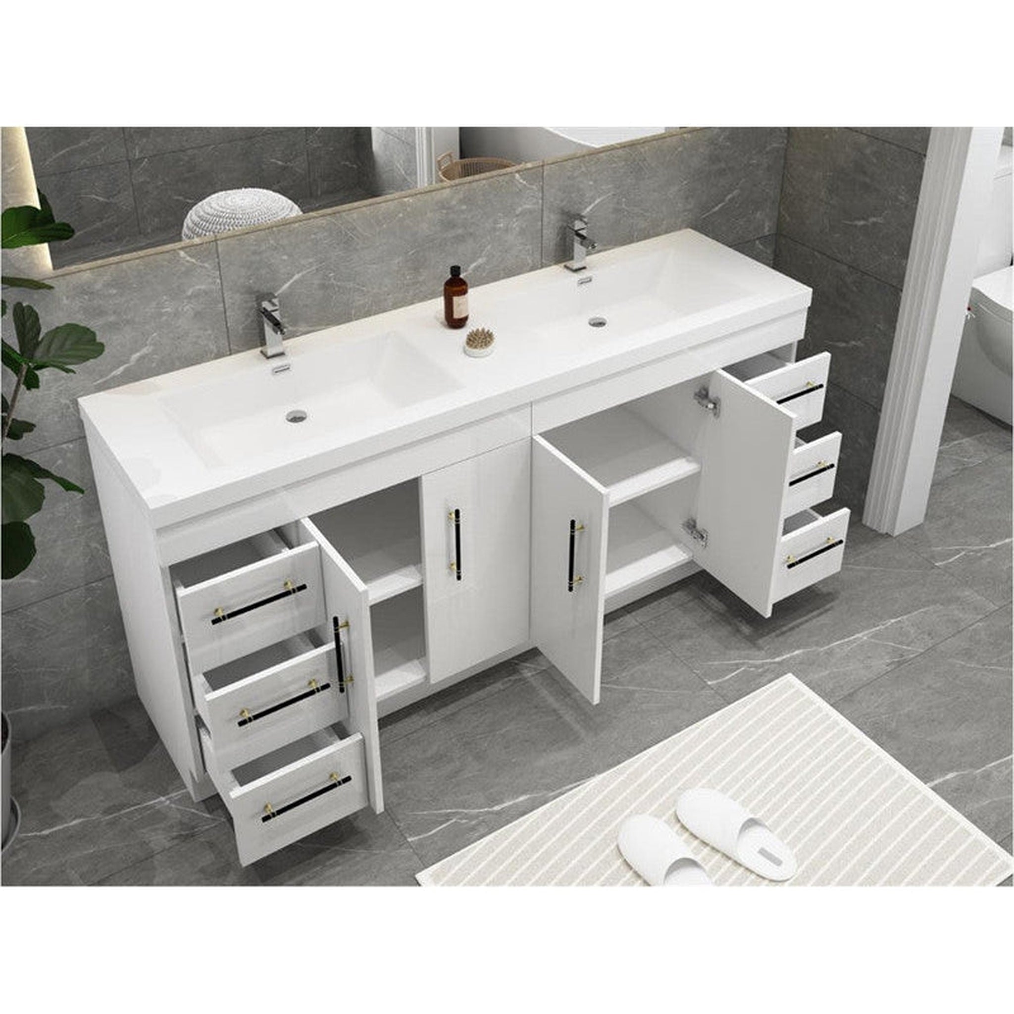 Elara 72&quot; High Gloss White Freestanding Vanity With Double Reinforced White Acrylic Sinks