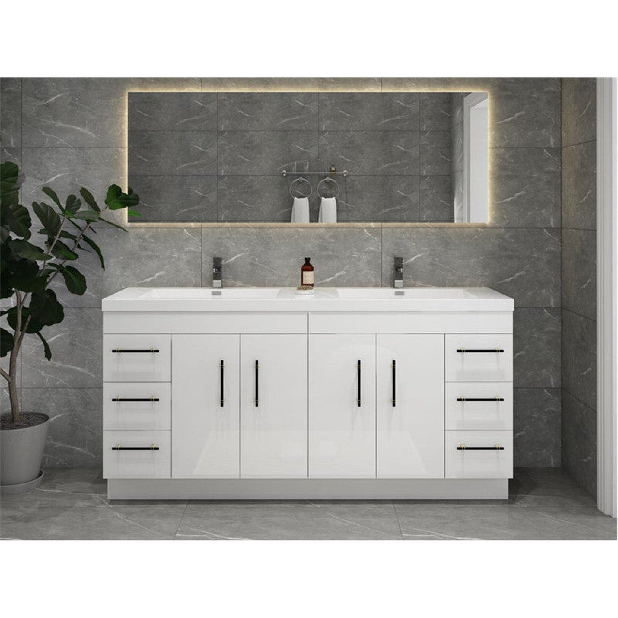 Elara 72&quot; High Gloss White Freestanding Vanity With Double Reinforced White Acrylic Sinks