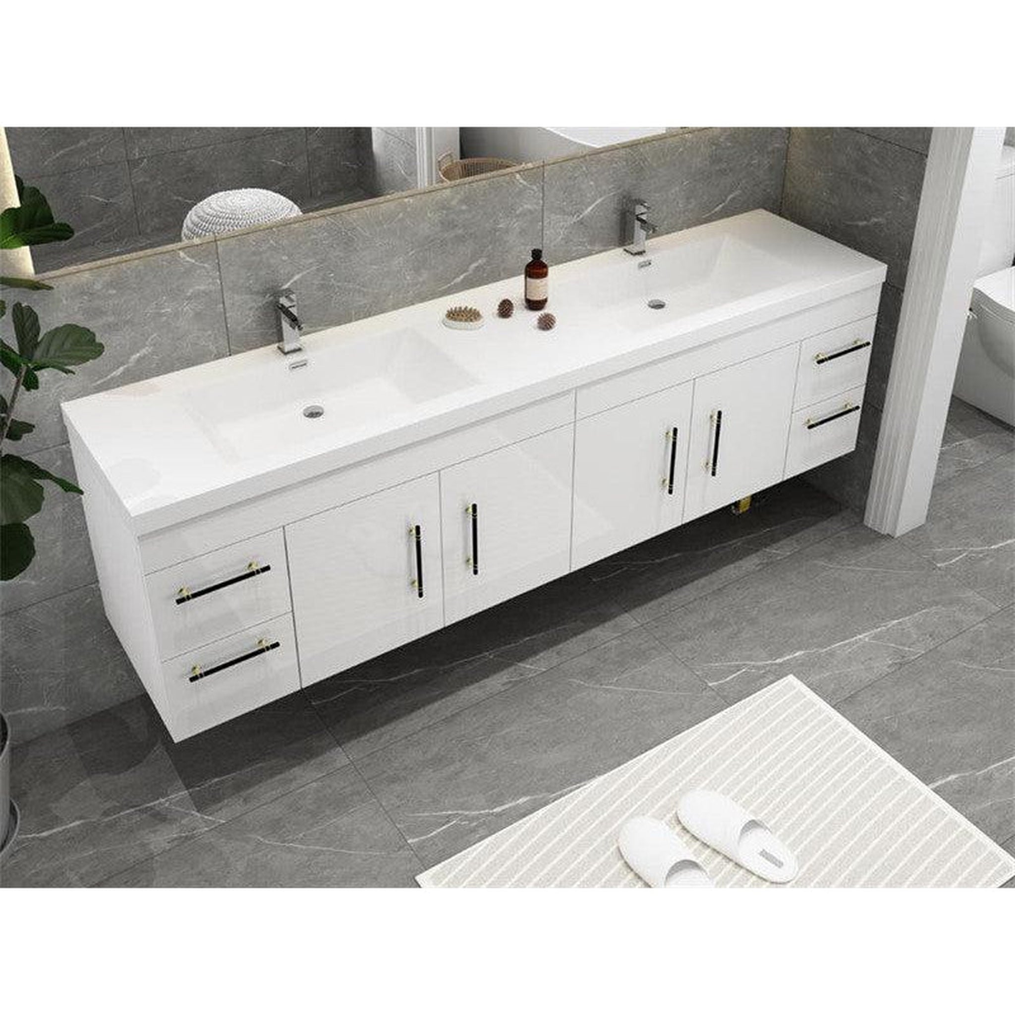 Elara 72&quot; High Gloss White Wall-Mounted Vanity With Double Reinforced White Acrylic Sinks