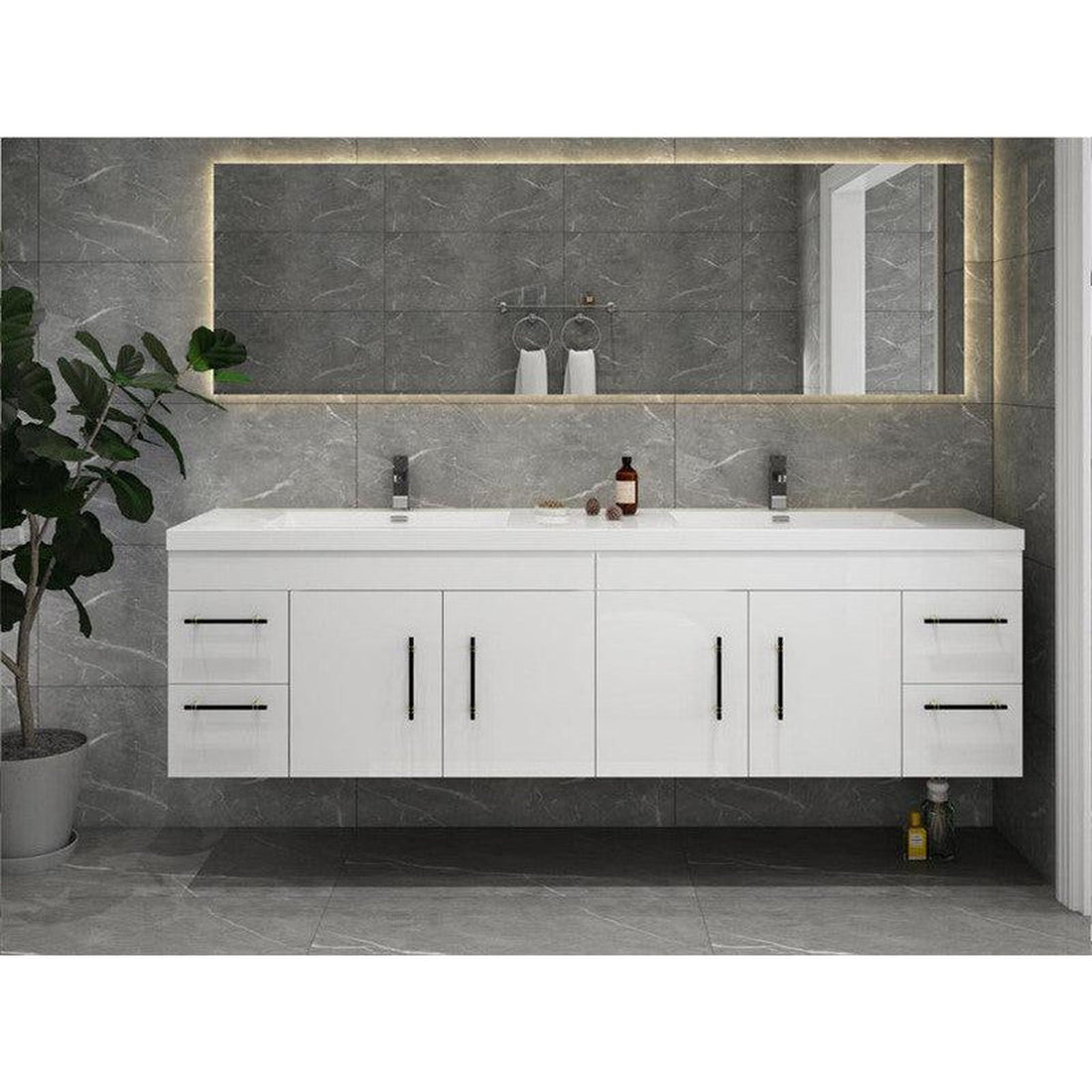 Elara 72&quot; High Gloss White Wall-Mounted Vanity With Double Reinforced White Acrylic Sinks