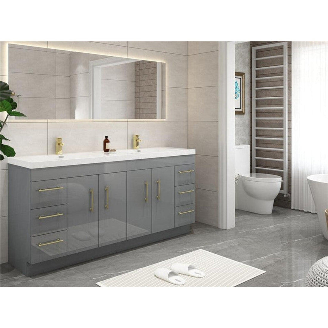 Elara 84&quot; High Gloss Gray Freestanding Vanity With Double Reinforced White Acrylic Sinks