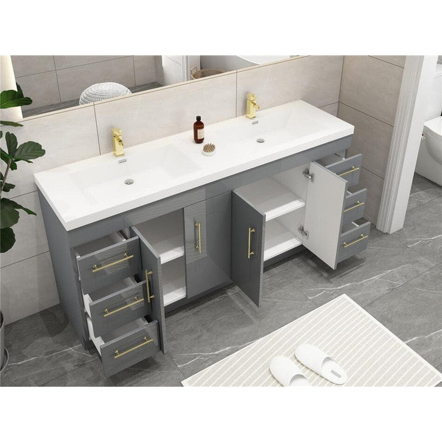 Elara 84&quot; High Gloss Gray Freestanding Vanity With Double Reinforced White Acrylic Sinks