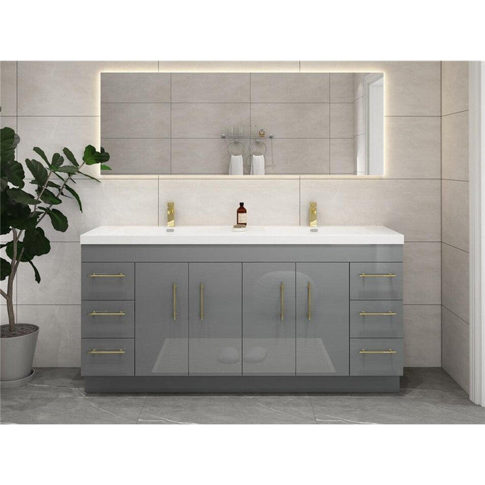 Elara 84&quot; High Gloss Gray Freestanding Vanity With Double Reinforced White Acrylic Sinks