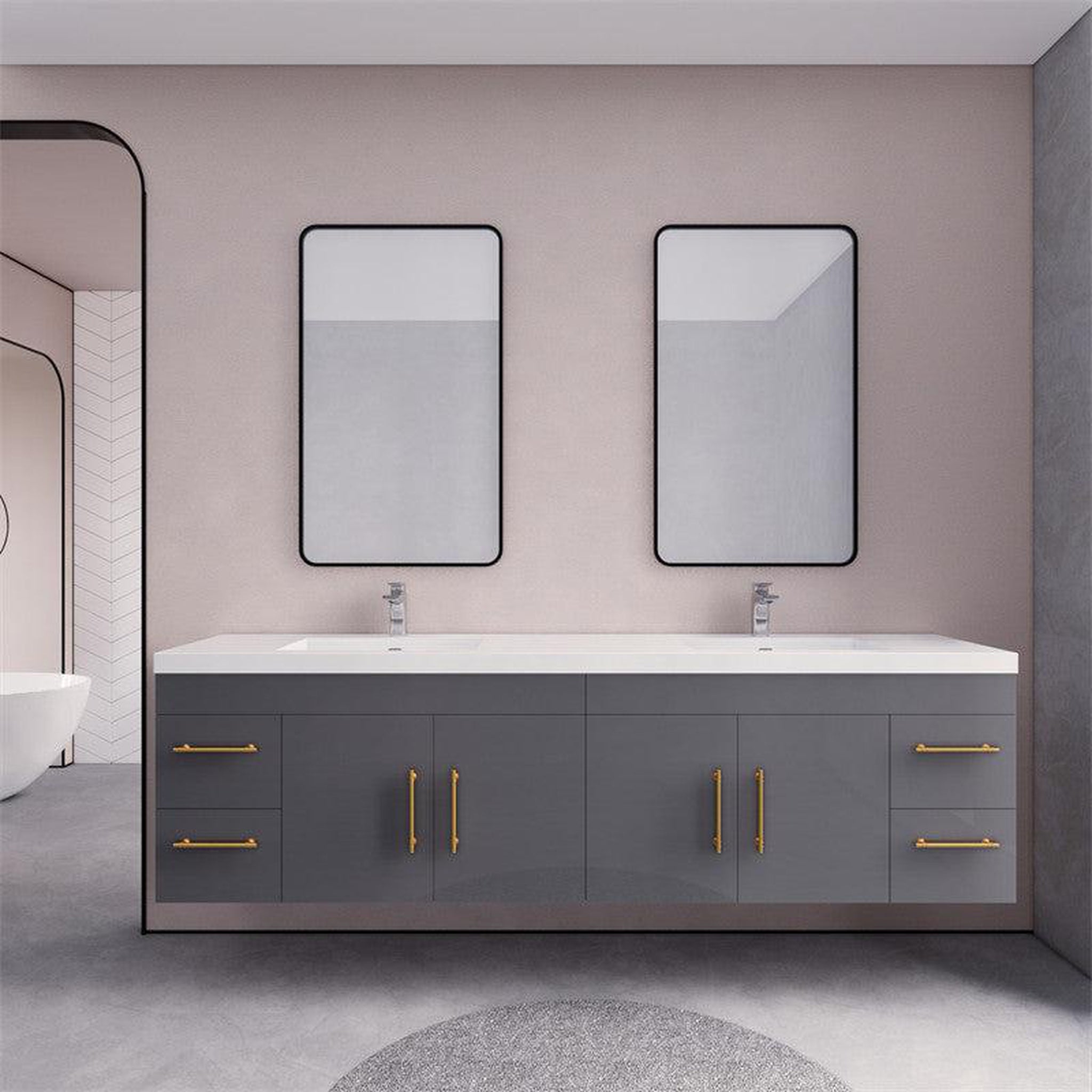 Elara 84&quot; High Gloss Gray Wall-Mounted Vanity With Double Reinforced White Acrylic Sinks