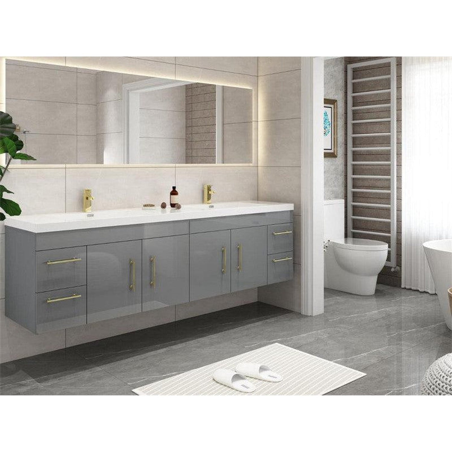 Elara 84&quot; High Gloss Gray Wall-Mounted Vanity With Double Reinforced White Acrylic Sinks