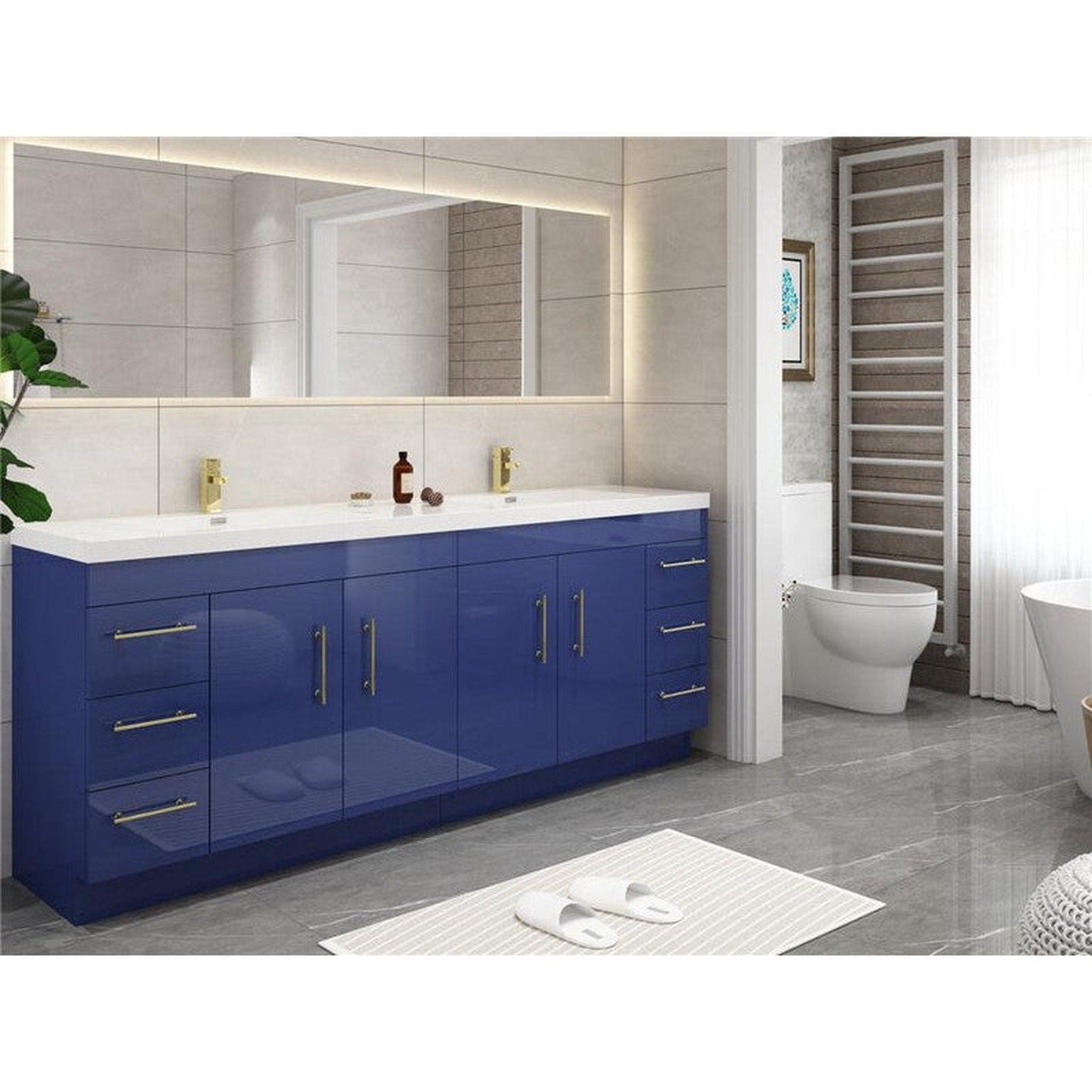 Elara 84&quot; High Gloss Night Blue Freestanding Vanity With Double Reinforced White Acrylic Sinks