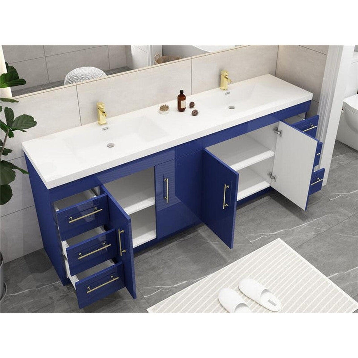 Elara 84&quot; High Gloss Night Blue Freestanding Vanity With Double Reinforced White Acrylic Sinks