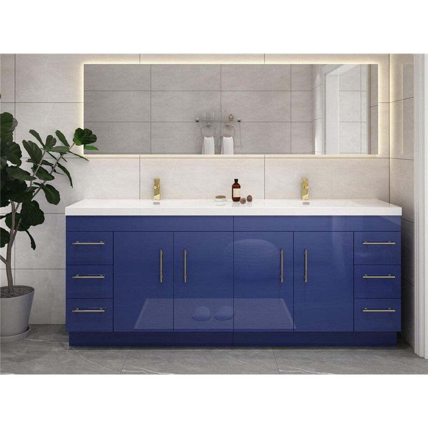 Elara 84&quot; High Gloss Night Blue Freestanding Vanity With Double Reinforced White Acrylic Sinks