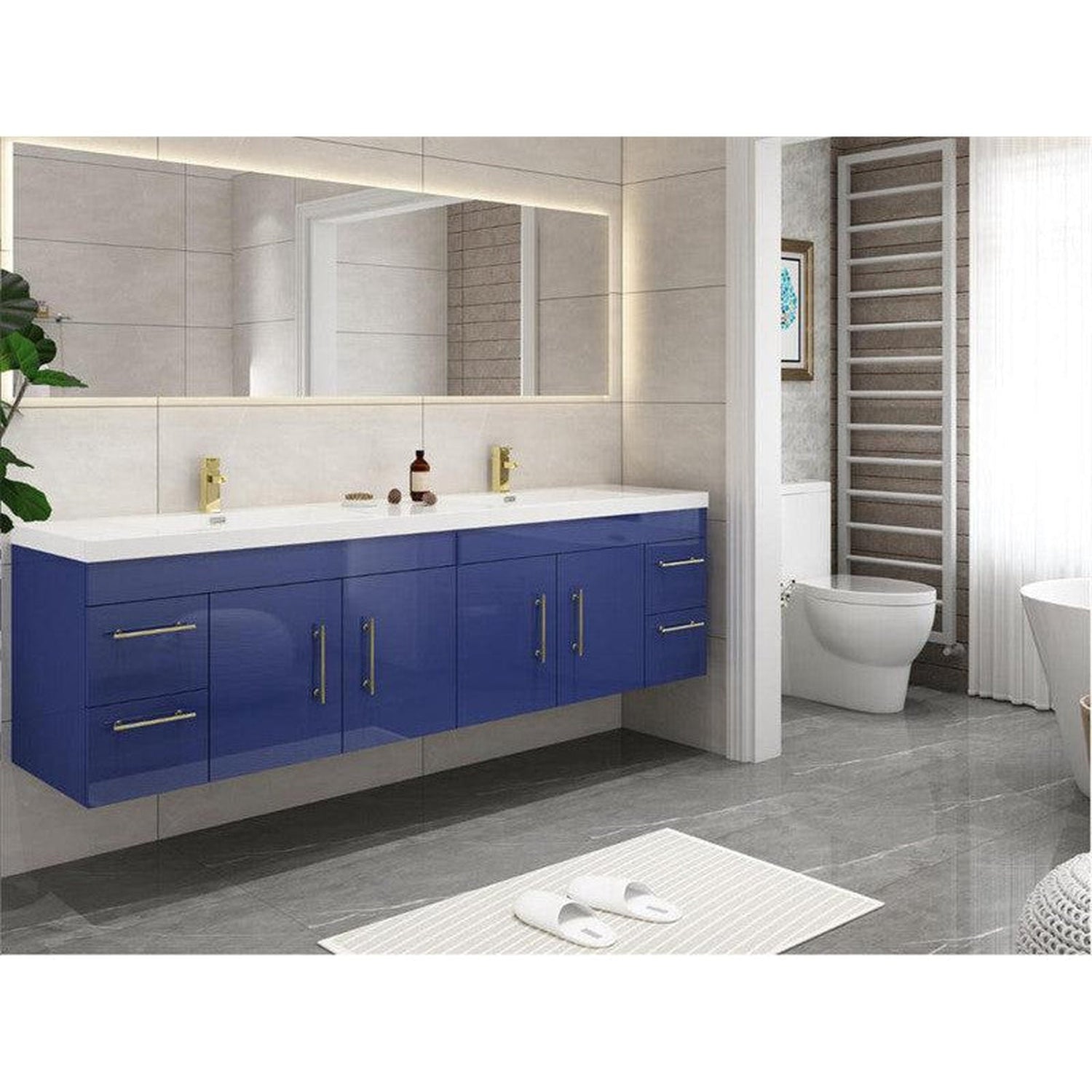 Elara 84&quot; High Gloss Night Blue Wall-Mounted Vanity With Double Reinforced White Acrylic Sinks