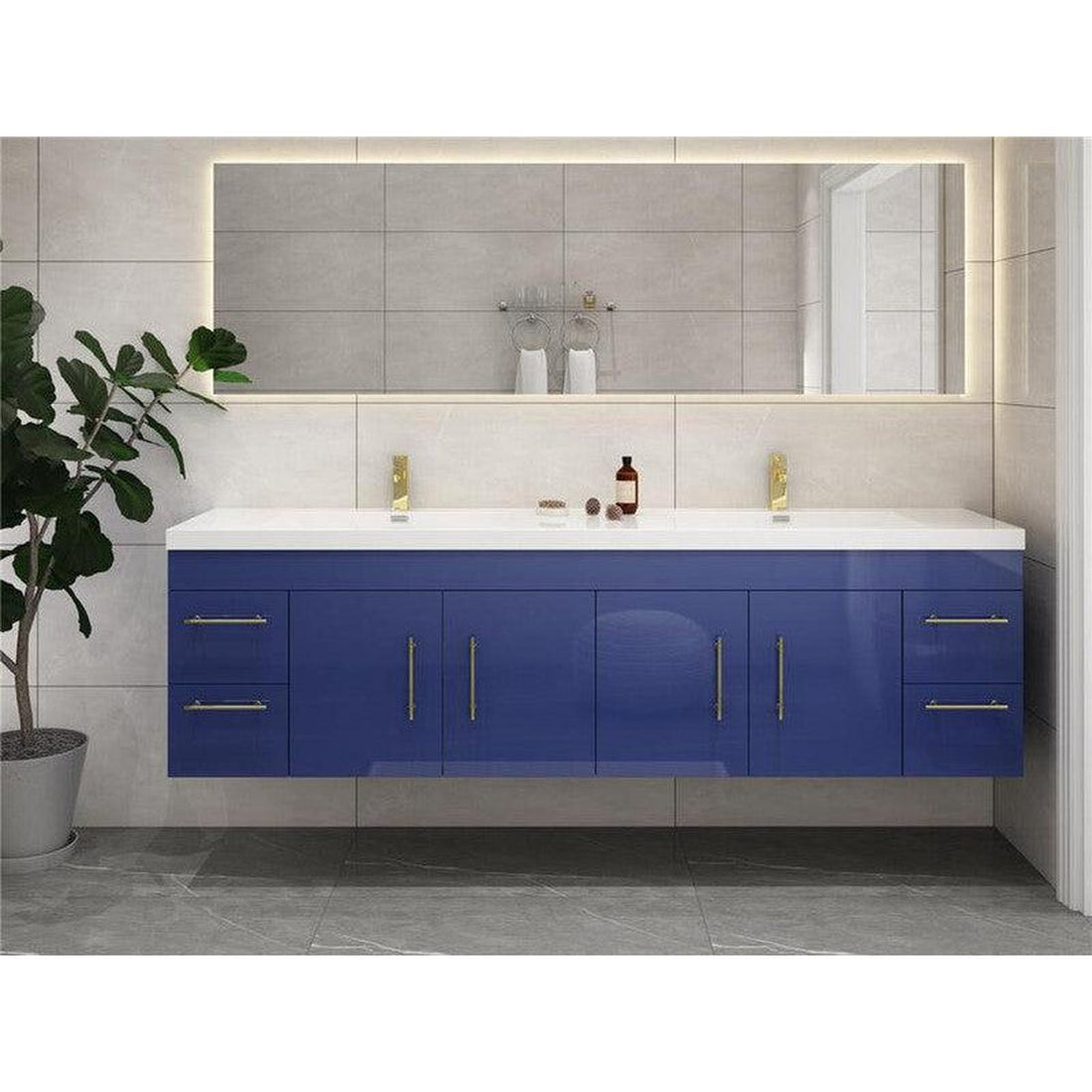 Elara 84&quot; High Gloss Night Blue Wall-Mounted Vanity With Double Reinforced White Acrylic Sinks