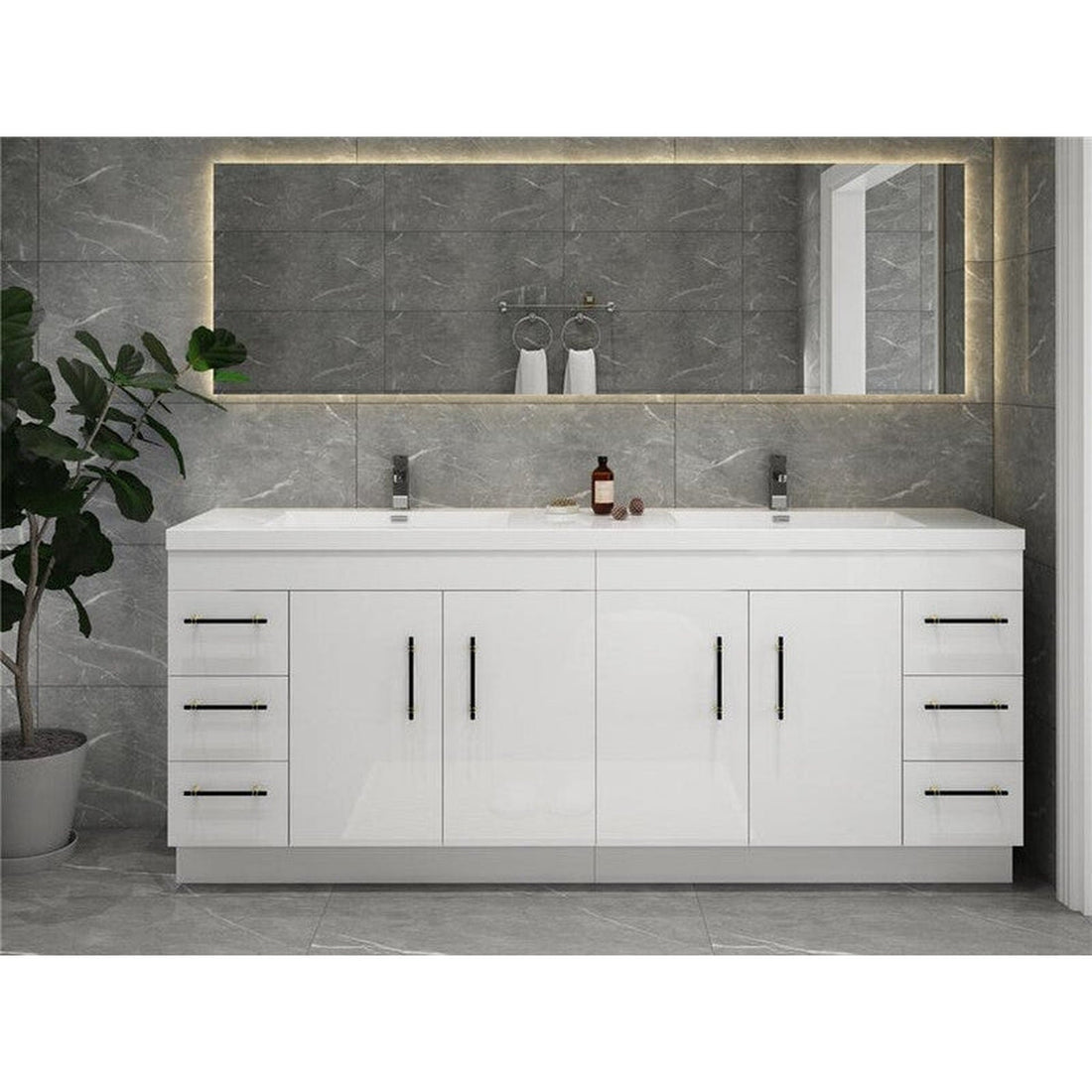 Elara 84&quot; High Gloss White Freestanding Vanity With Double Reinforced White Acrylic Sinks