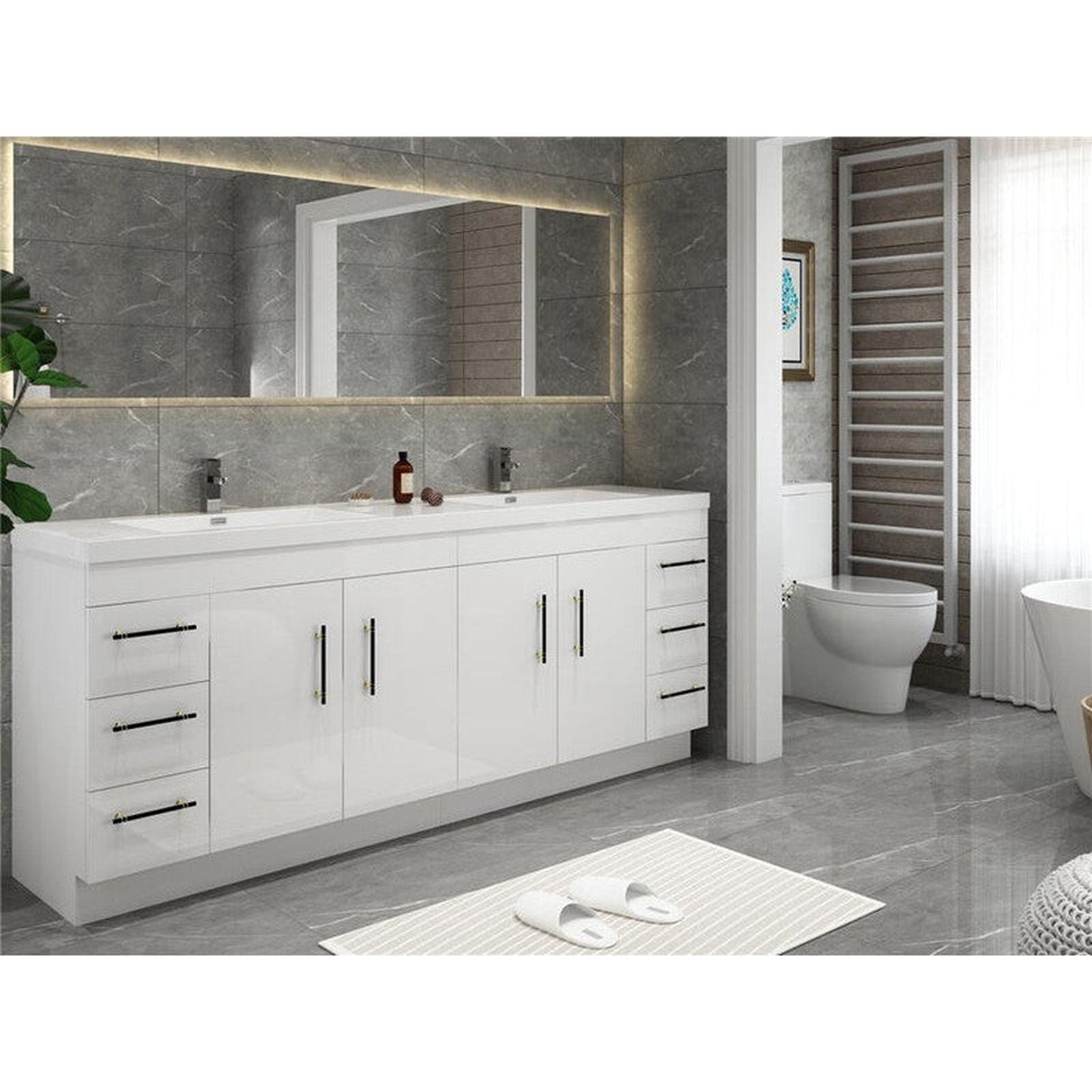 Elara 84&quot; High Gloss White Freestanding Vanity With Double Reinforced White Acrylic Sinks