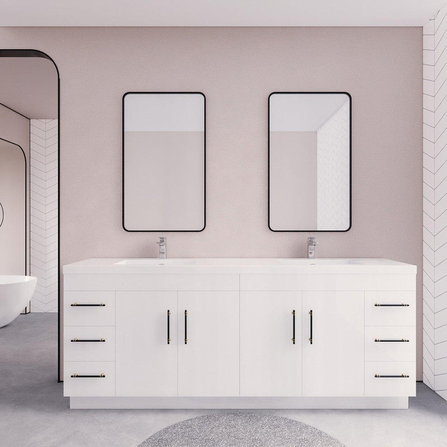 Elara 84&quot; High Gloss White Freestanding Vanity With Double Reinforced White Acrylic Sinks