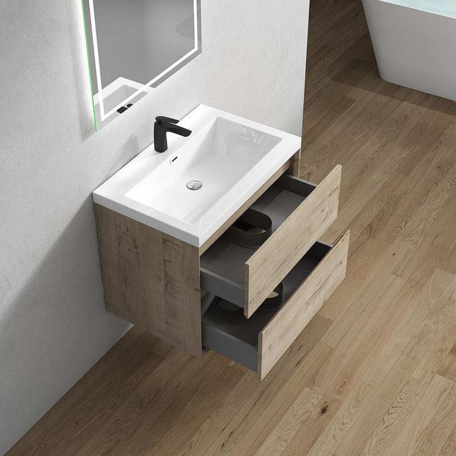 Noble 30&quot; Light Oak Wall-Mounted Vanity With Single Reinforced White Acrylic Sink