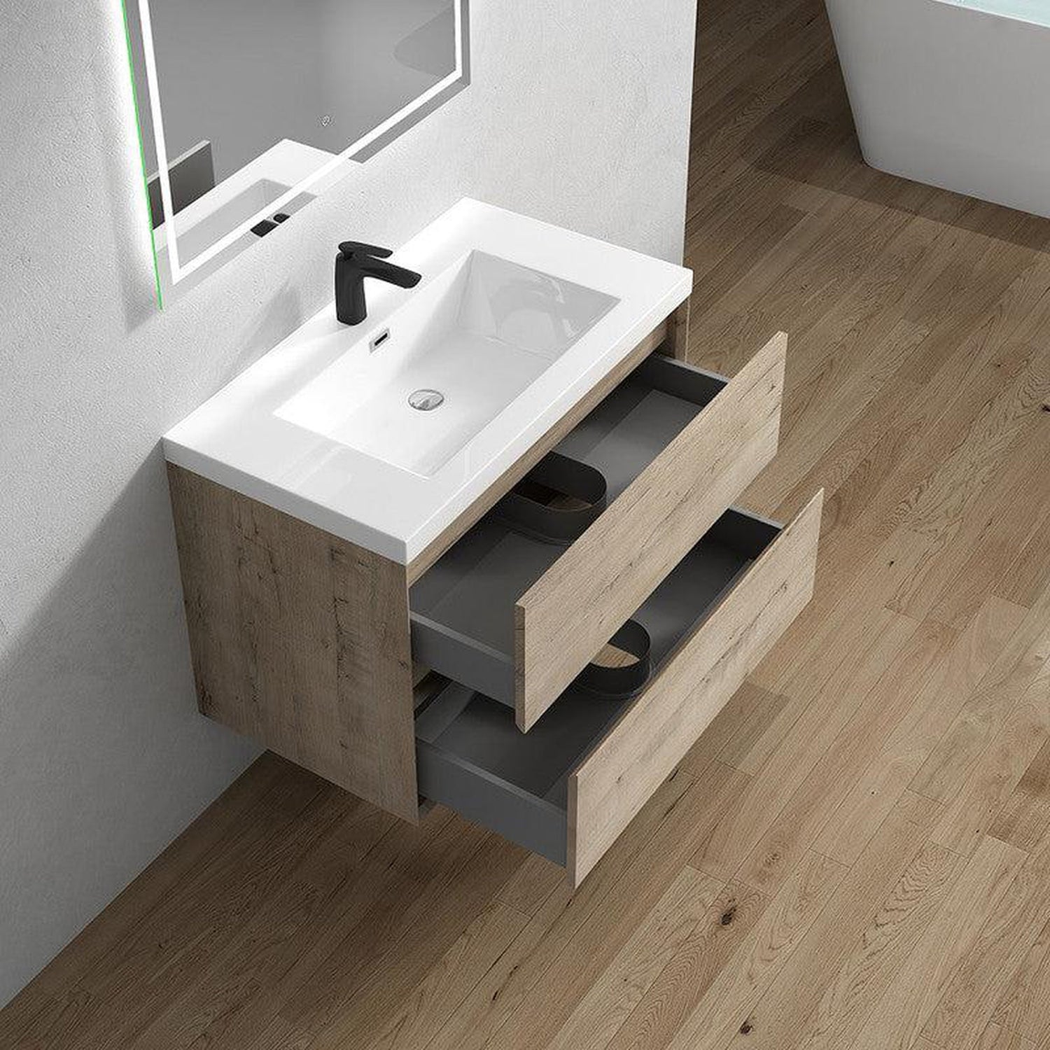 Noble 36&quot; Light Oak Wall-Mounted Vanity With Single Reinforced White Acrylic Sink