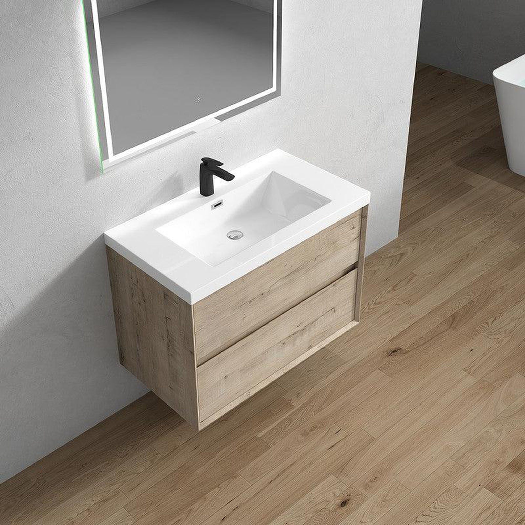 Noble 36&quot; Light Oak Wall-Mounted Vanity With Single Reinforced White Acrylic Sink