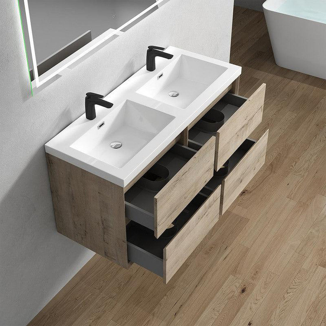 Noble 48&quot; Light Oak Wall-Mounted Modern Vanity With Double Reinforced White Acrylic Sinks