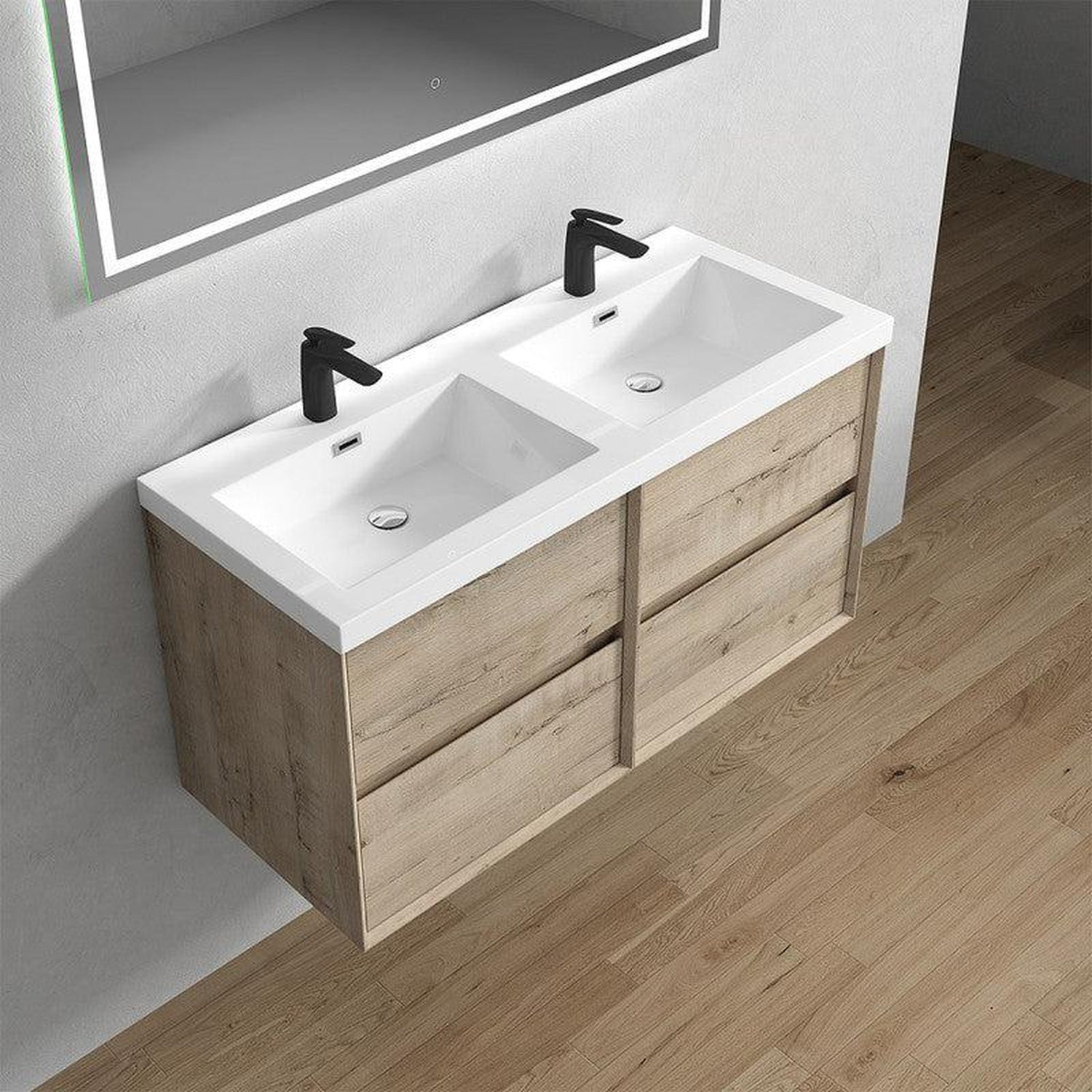 Noble 48&quot; Light Oak Wall-Mounted Modern Vanity With Double Reinforced White Acrylic Sinks