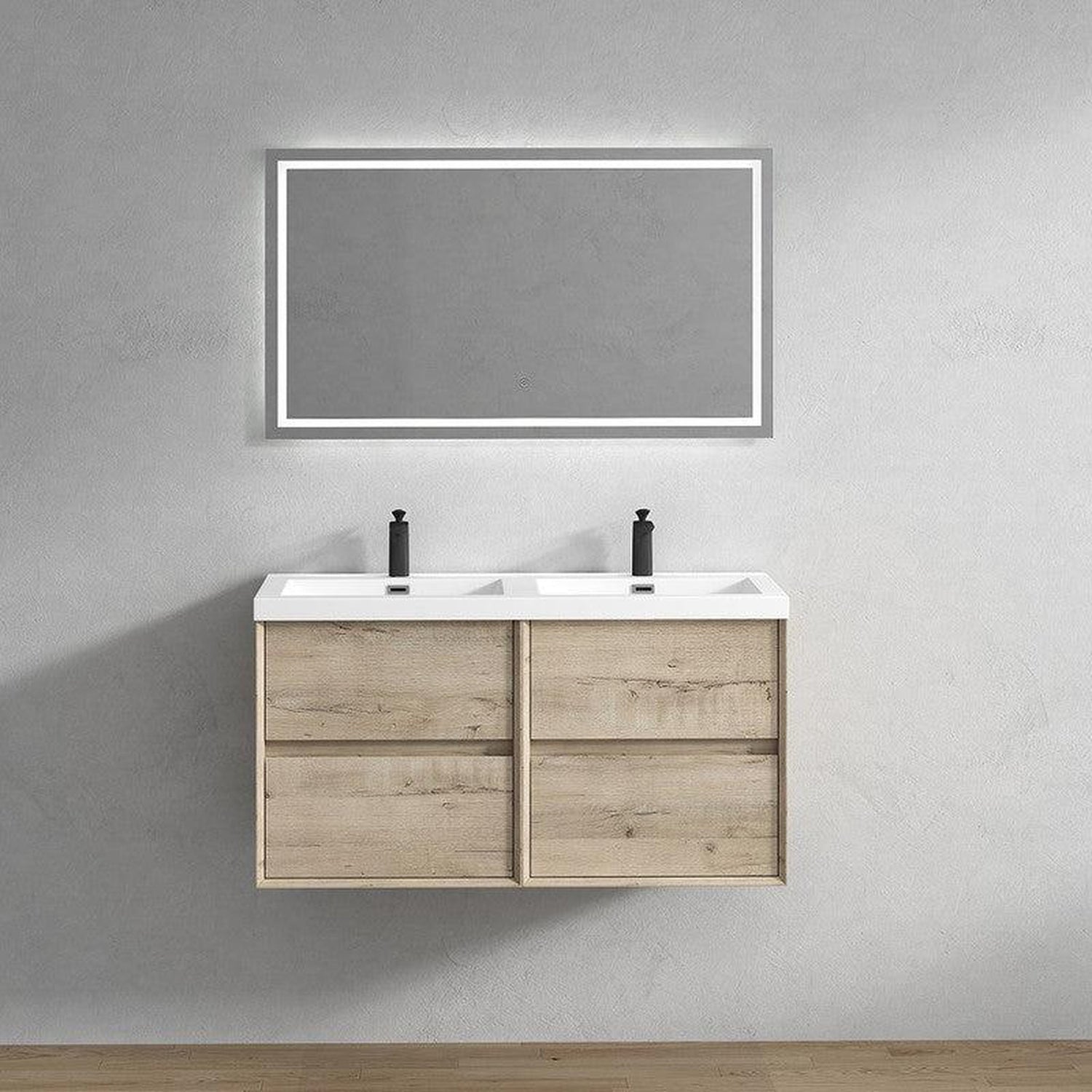 Noble 48&quot; Light Oak Wall-Mounted Modern Vanity With Double Reinforced White Acrylic Sinks