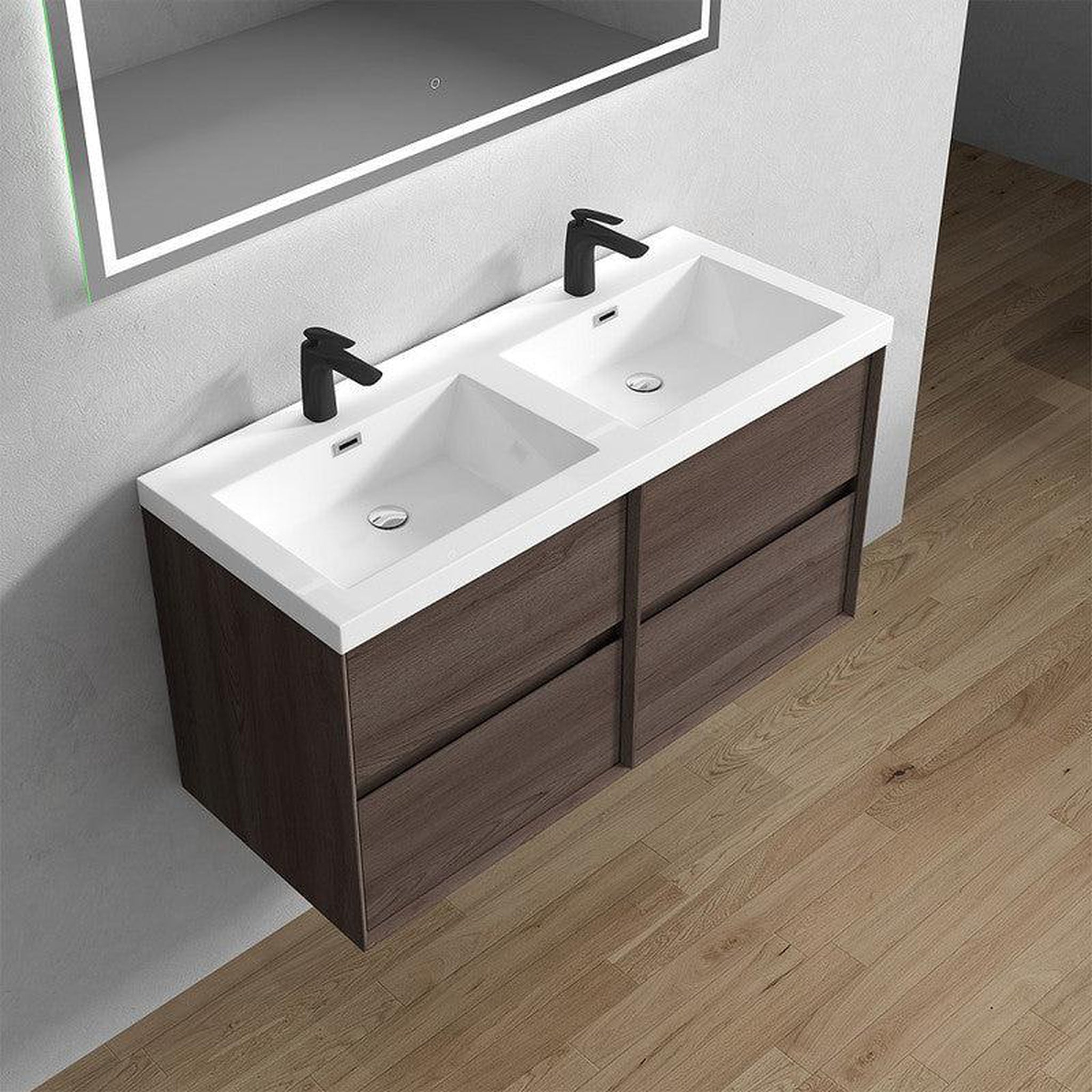 Noble 48&quot; Red Oak Wall-Mounted Modern Vanity With Double Reinforced White Acrylic Sinks