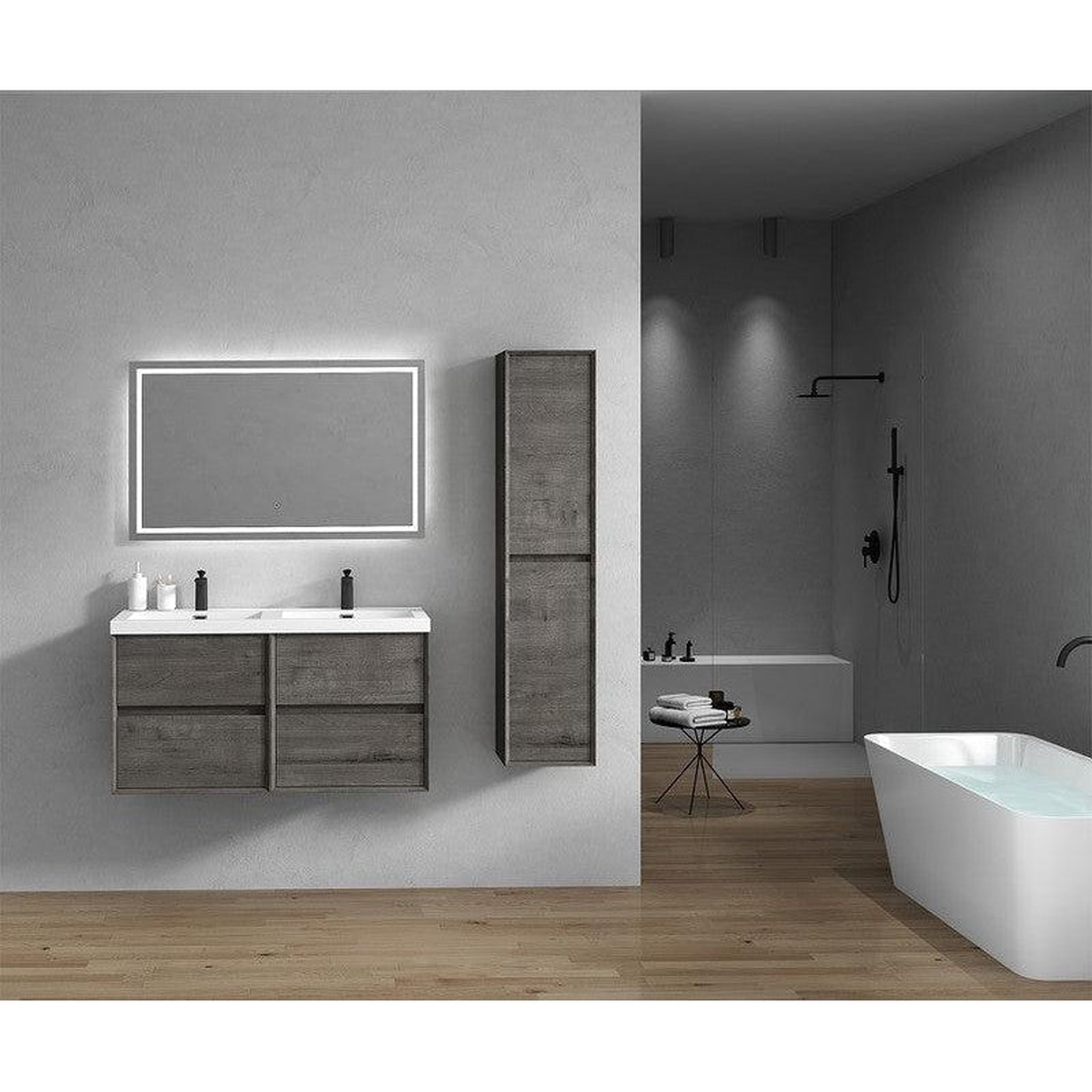 Noble 48&quot; Smoke Oak Wall-Mounted Modern Vanity With Double Reinforced White Acrylic Sinks