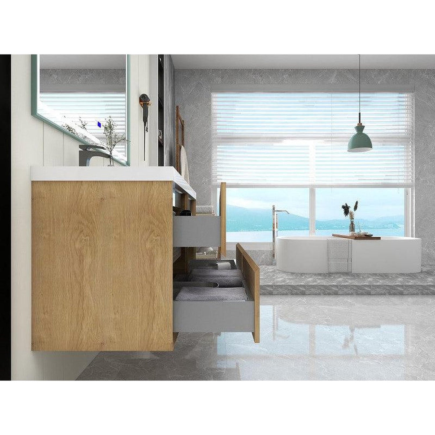 Noble 48&quot; White Oak Wall-Mounted Modern Vanity With Double Reinforced White Acrylic Sinks