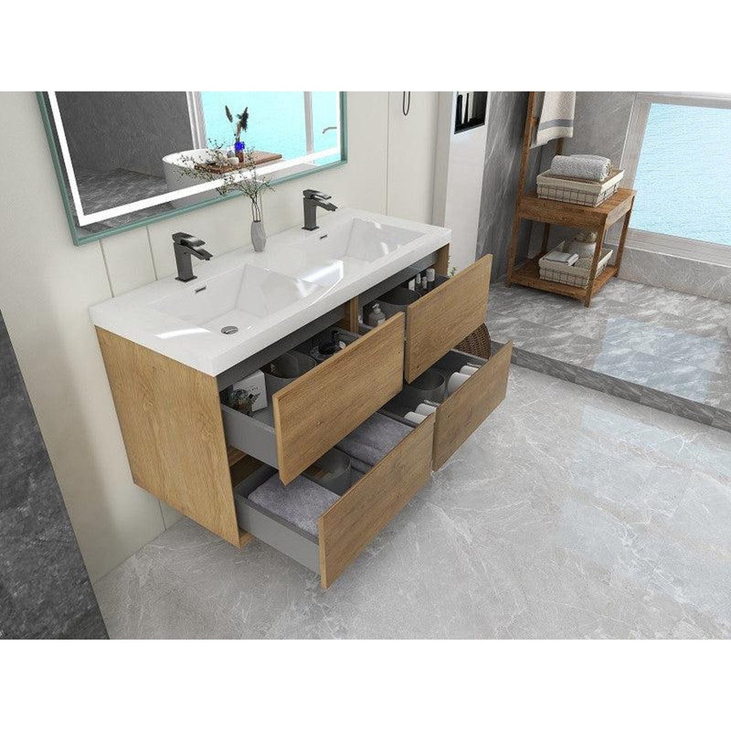 Noble 48&quot; White Oak Wall-Mounted Modern Vanity With Double Reinforced White Acrylic Sinks