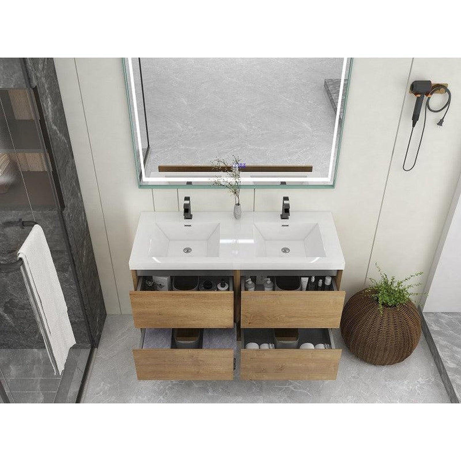 Noble 48&quot; White Oak Wall-Mounted Modern Vanity With Double Reinforced White Acrylic Sinks