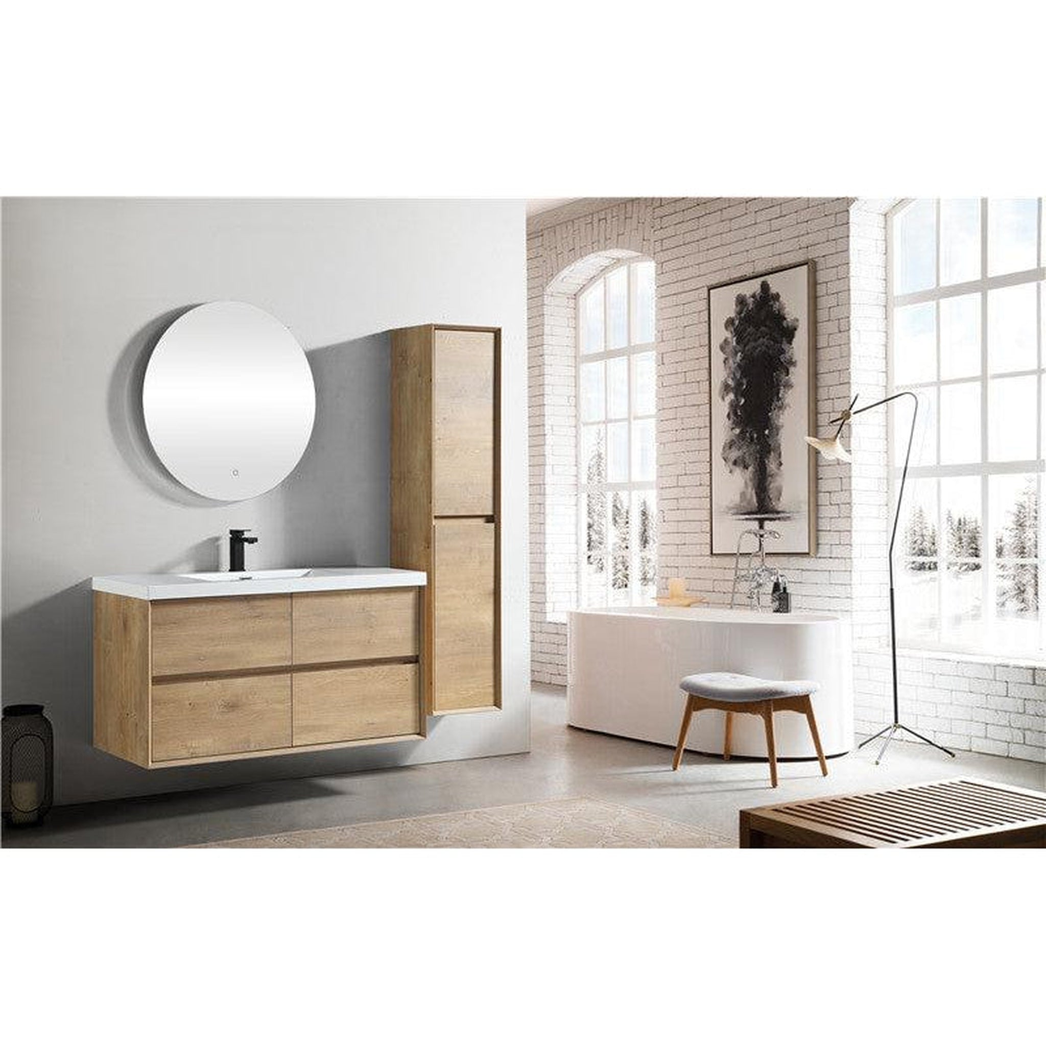 Noble 48&quot; White Oak Wall-Mounted Modern Vanity With Single Reinforced White Acrylic Sink