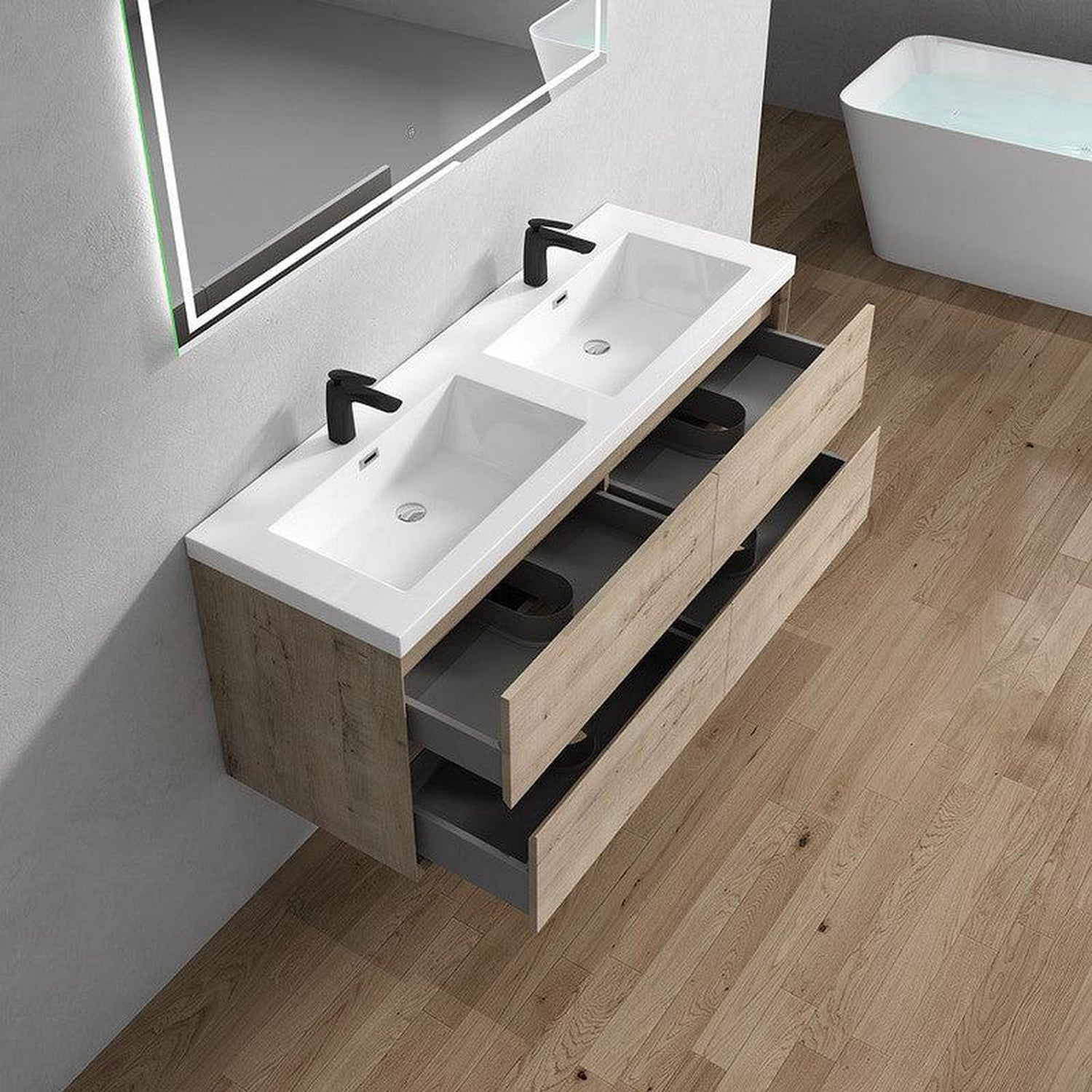 Noble 60&quot; Light Oak Wall-Mounted Modern Vanity With Double Reinforced White Acrylic Sinks