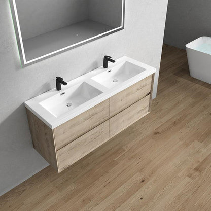 Noble 60&quot; Light Oak Wall-Mounted Modern Vanity With Double Reinforced White Acrylic Sinks