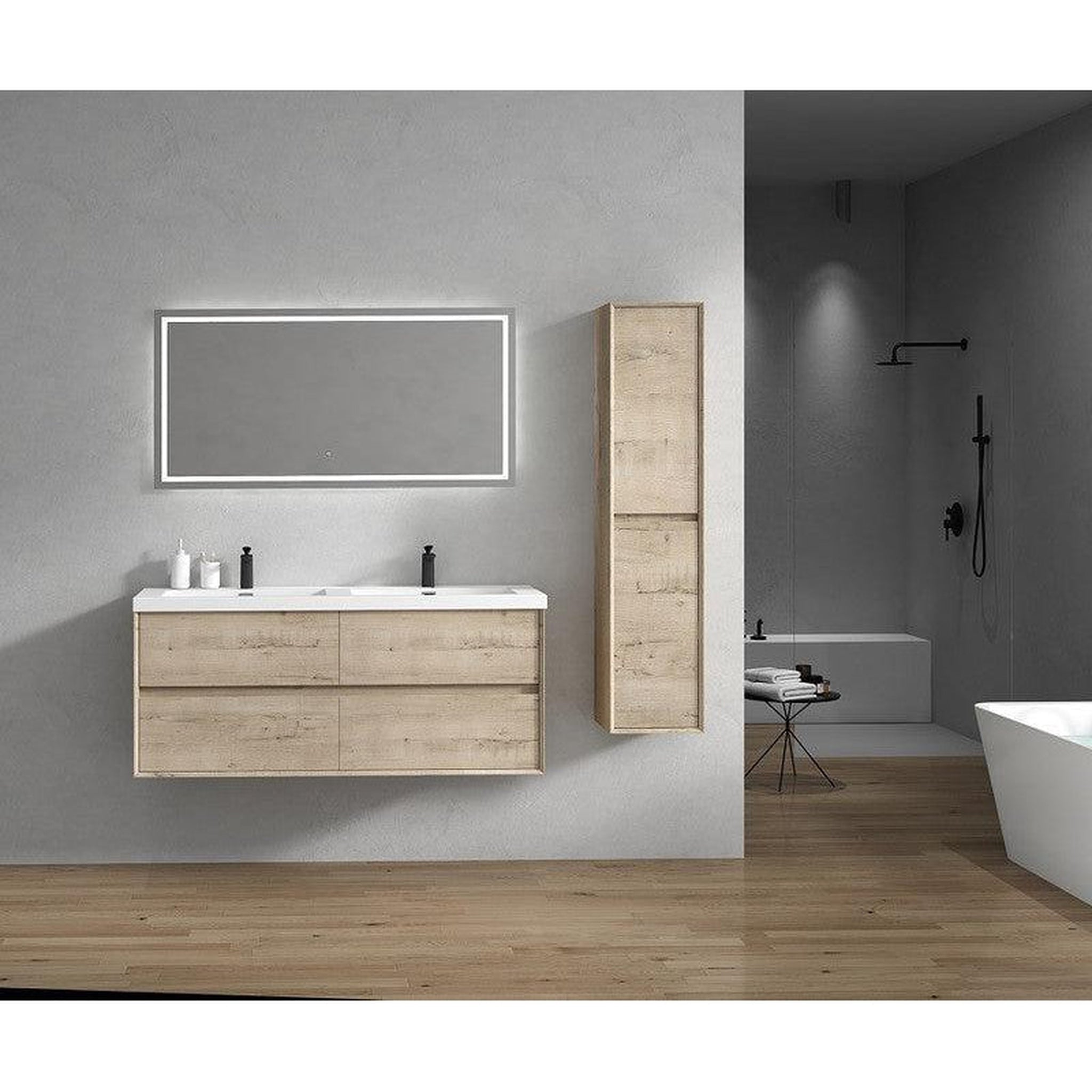 Noble 60&quot; Light Oak Wall-Mounted Modern Vanity With Double Reinforced White Acrylic Sinks