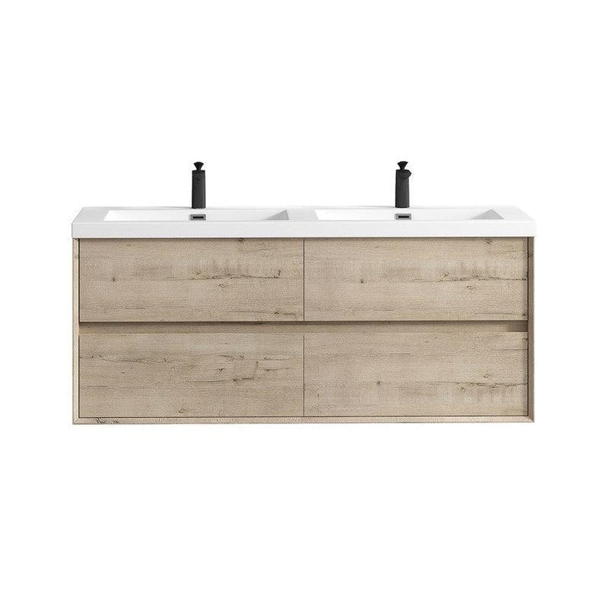 Noble 60&quot; Light Oak Wall-Mounted Modern Vanity With Double Reinforced White Acrylic Sinks