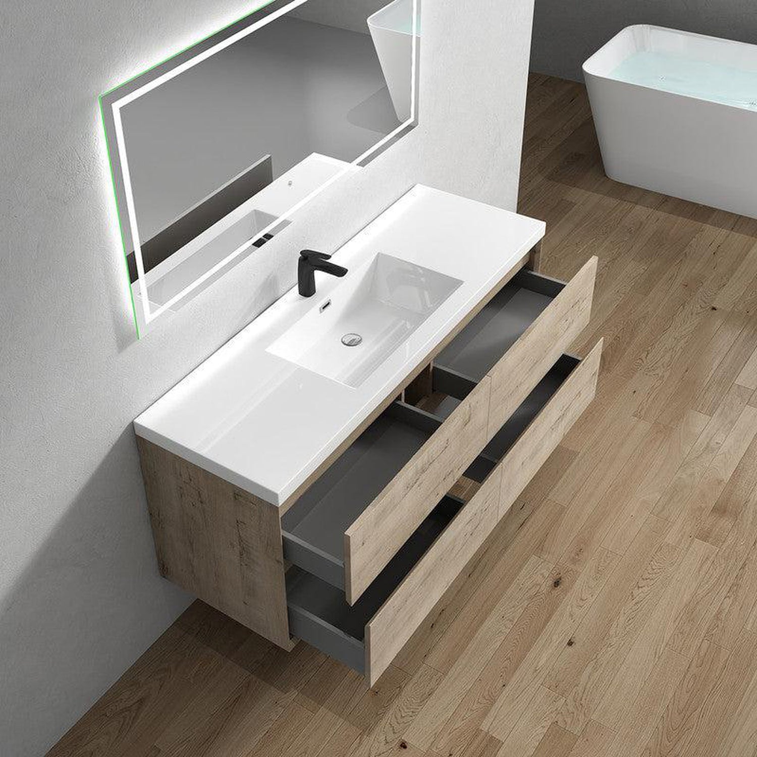 Noble 60&quot; Light Oak Wall-Mounted Modern Vanity With Single Reinforced White Acrylic Sink