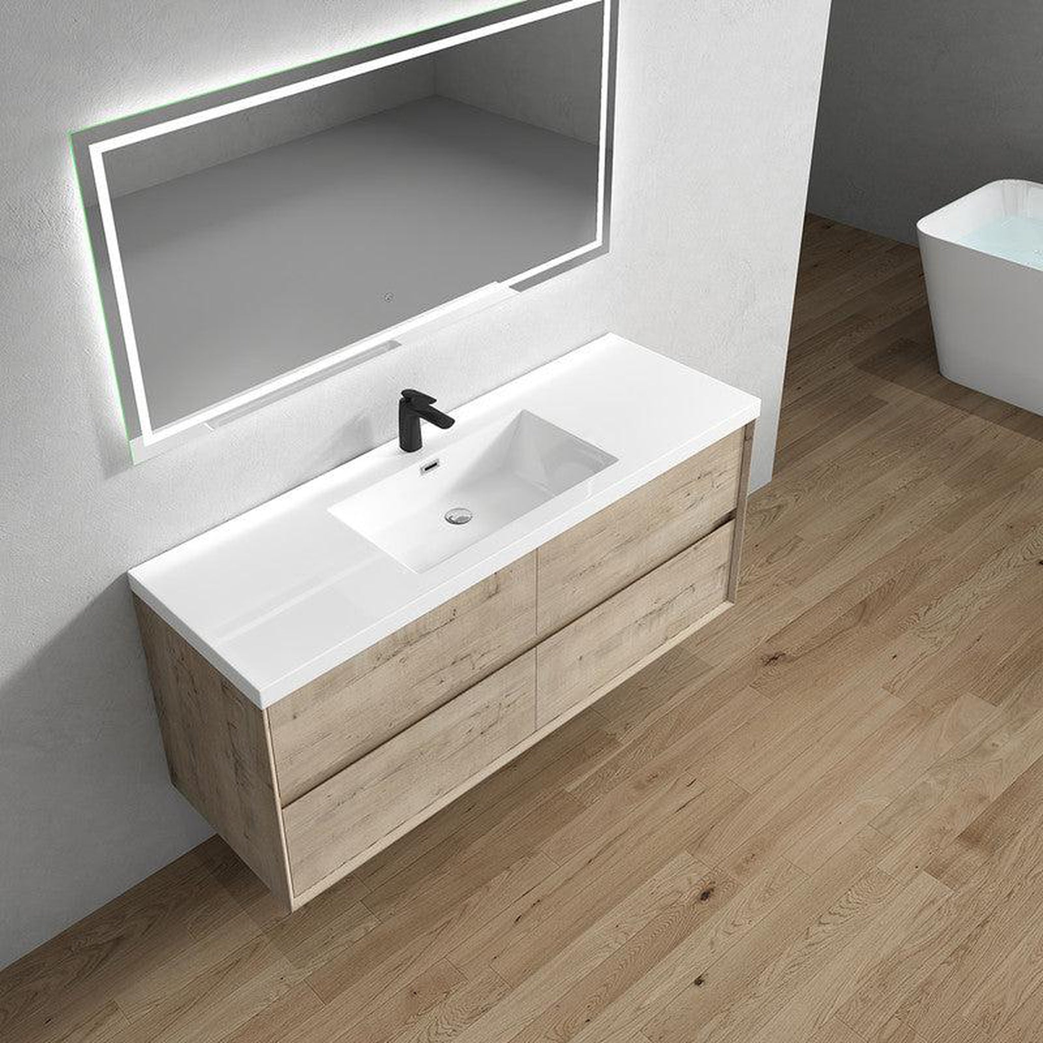 Noble 60&quot; Light Oak Wall-Mounted Modern Vanity With Single Reinforced White Acrylic Sink