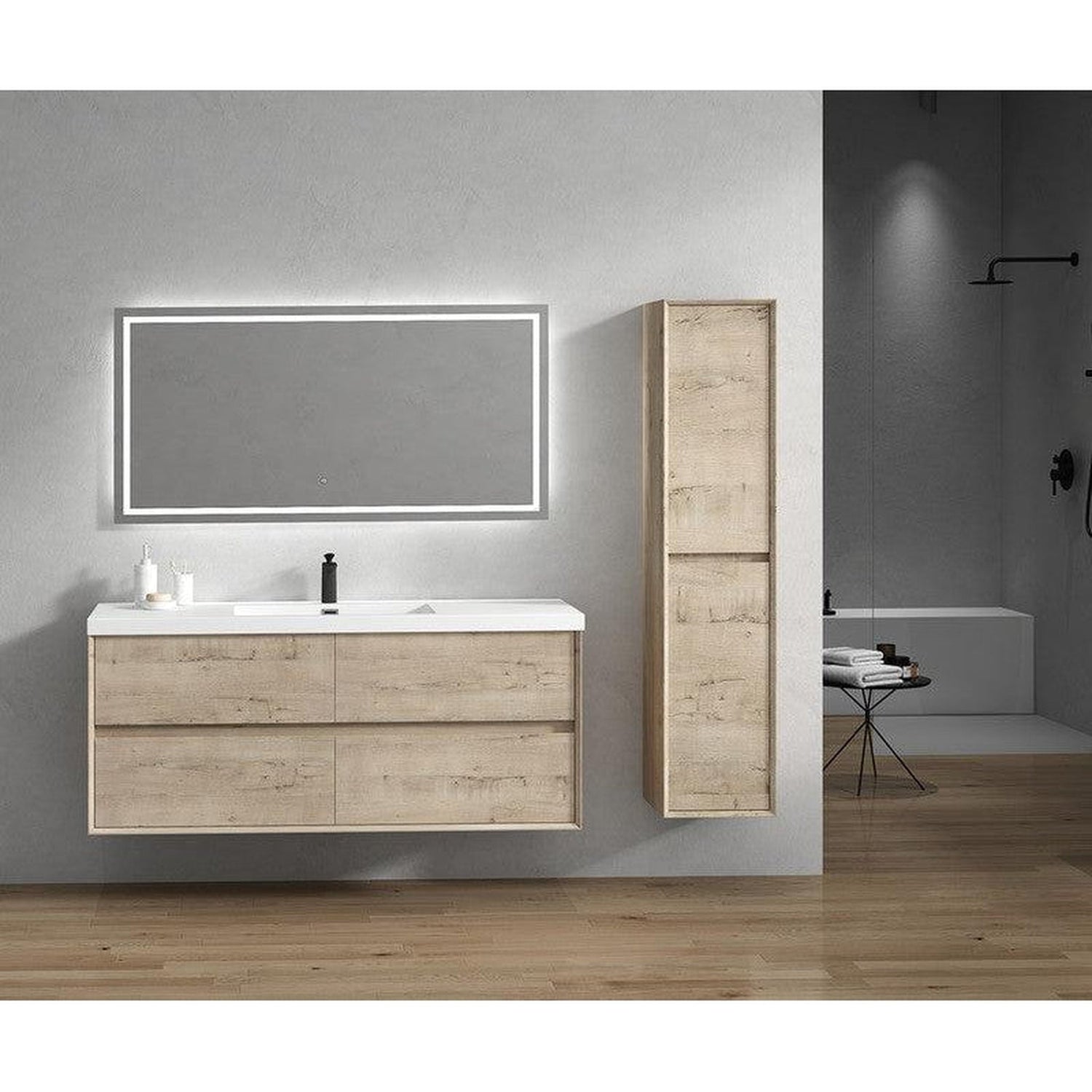 Noble 60&quot; Light Oak Wall-Mounted Modern Vanity With Single Reinforced White Acrylic Sink