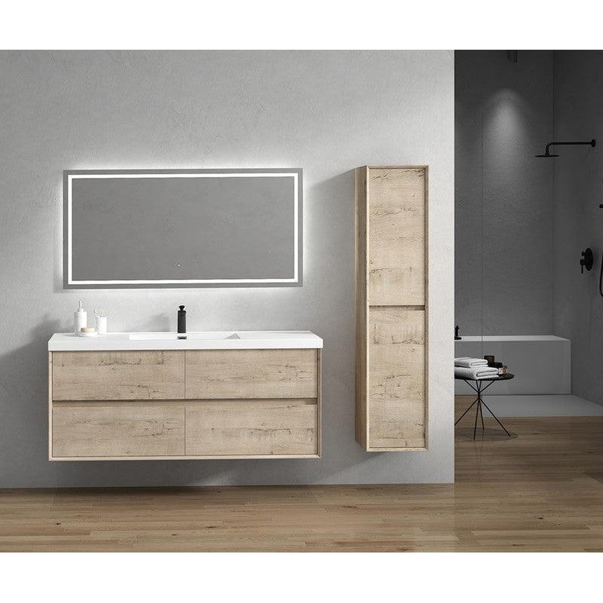 Noble 60&quot; Light Oak Wall-Mounted Modern Vanity With Single Reinforced White Acrylic Sink