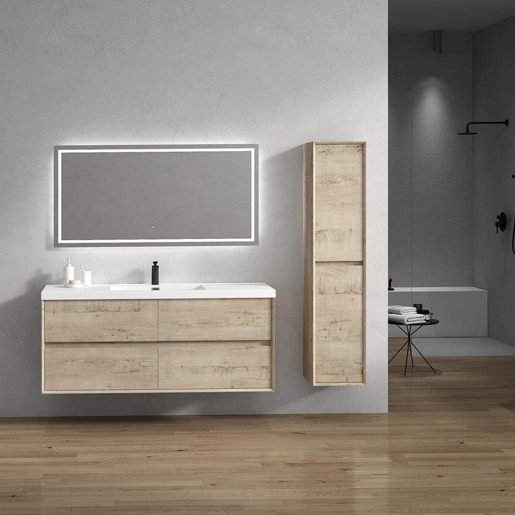 Noble 60&quot; Light Oak Wall-Mounted Modern Vanity With Single Reinforced White Acrylic Sink