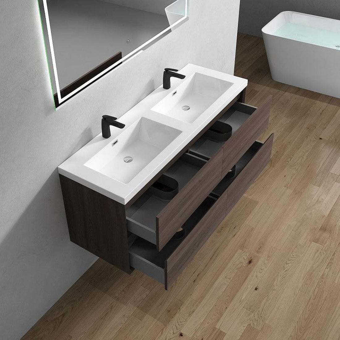 Noble 60&quot; Red Oak Wall-Mounted Modern Vanity With Double Reinforced White Acrylic Sinks