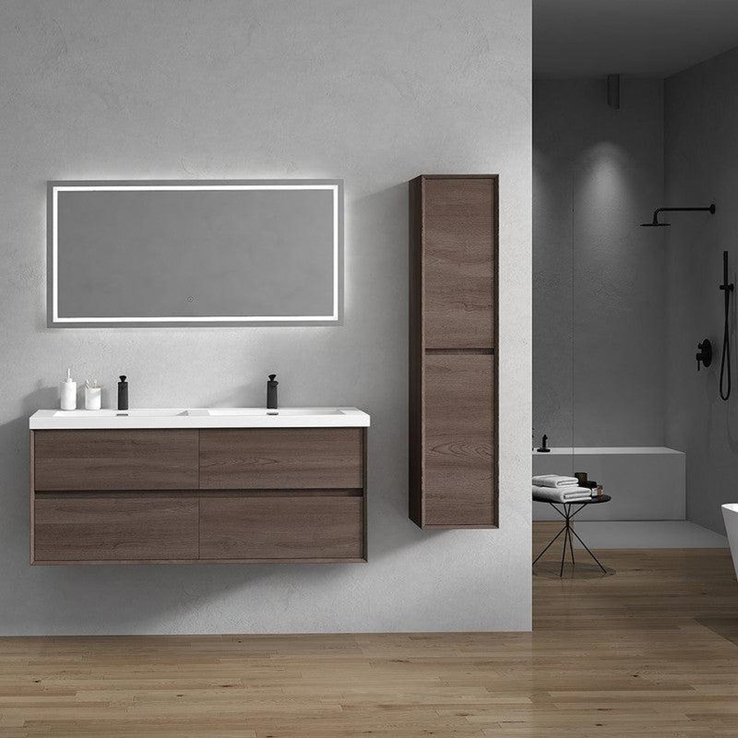 Noble 60&quot; Red Oak Wall-Mounted Modern Vanity With Double Reinforced White Acrylic Sinks