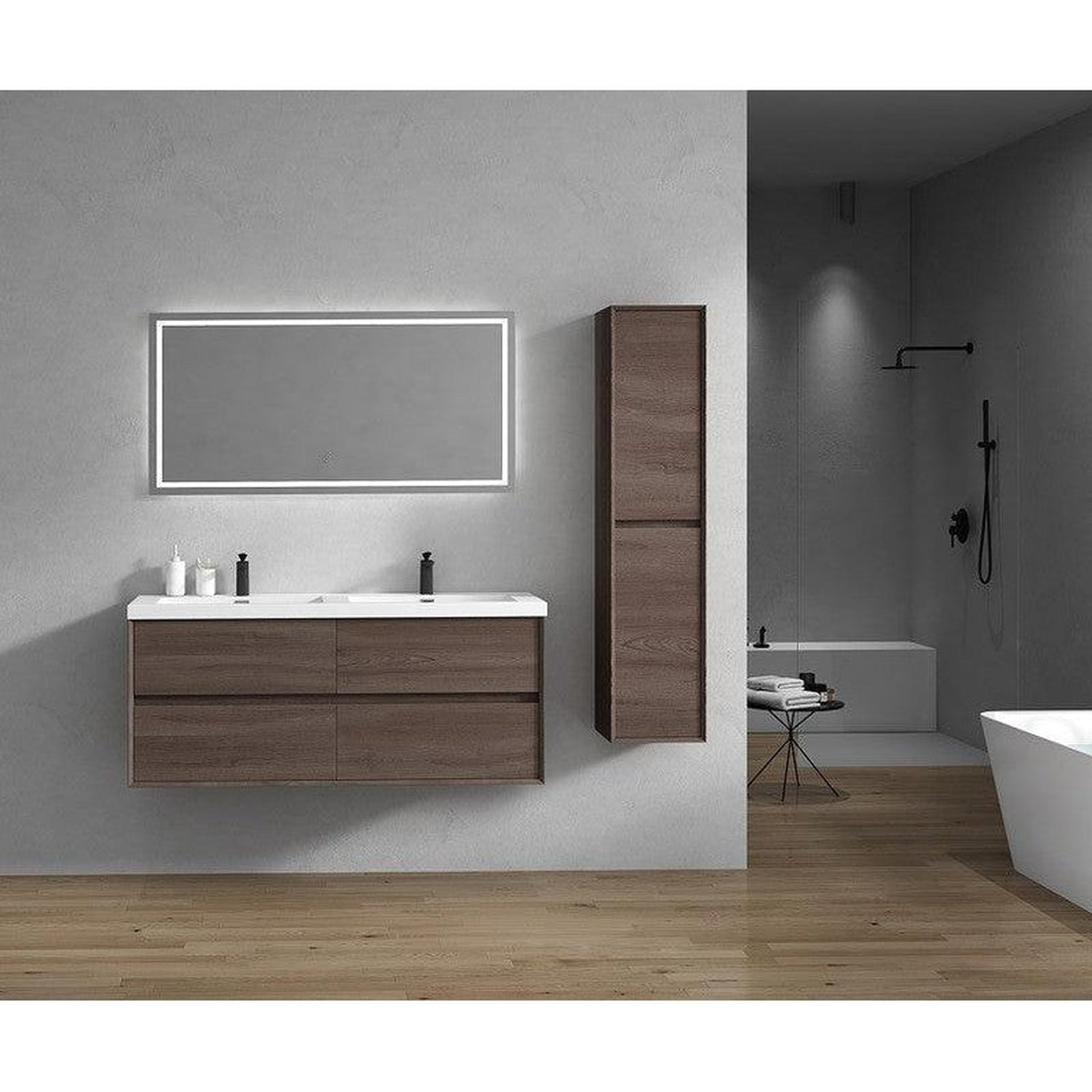 Noble 60&quot; Red Oak Wall-Mounted Modern Vanity With Double Reinforced White Acrylic Sinks