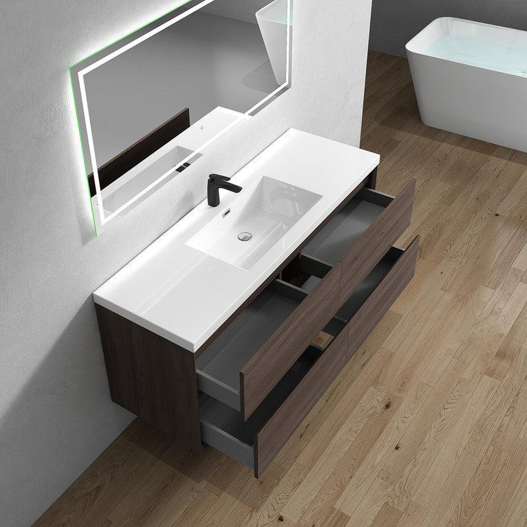 Noble 60&quot; Red Oak Wall-Mounted Modern Vanity With Single Reinforced White Acrylic Sink