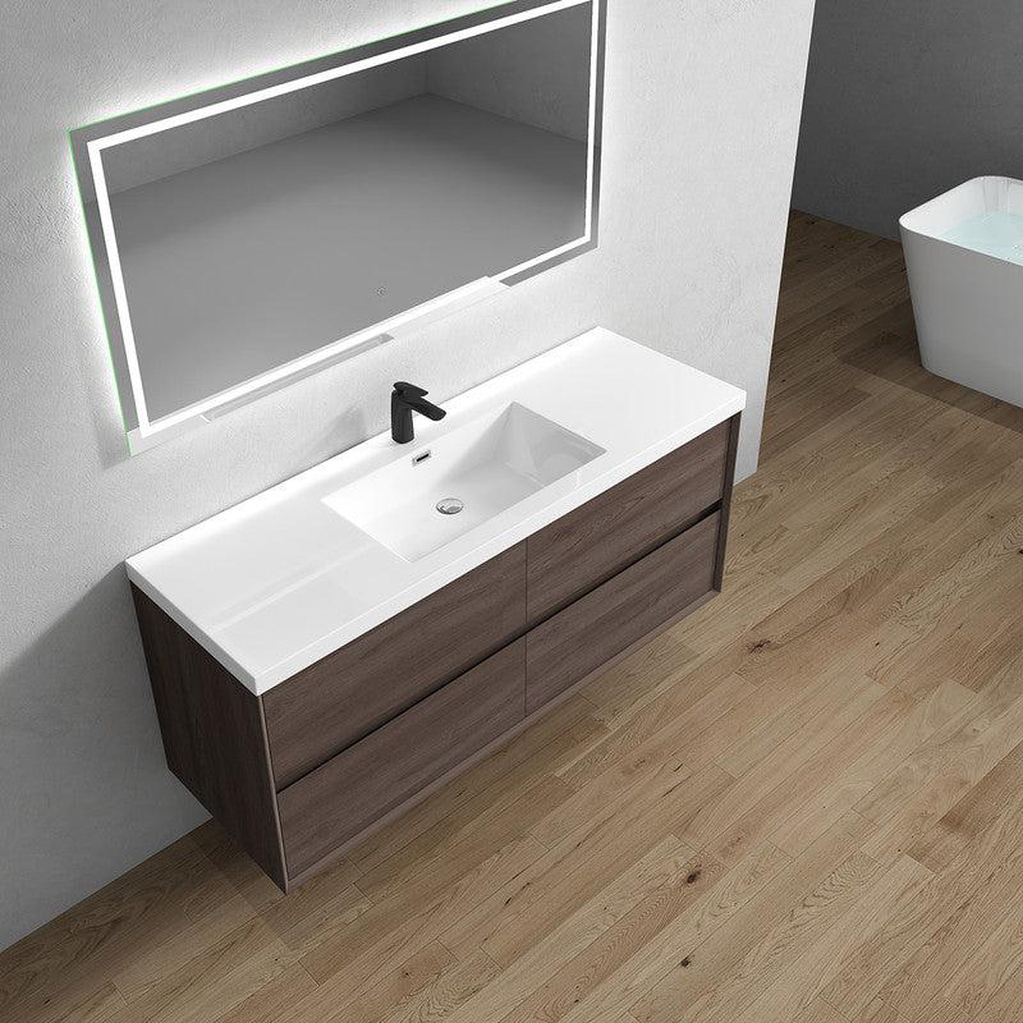 Noble 60&quot; Red Oak Wall-Mounted Modern Vanity With Single Reinforced White Acrylic Sink